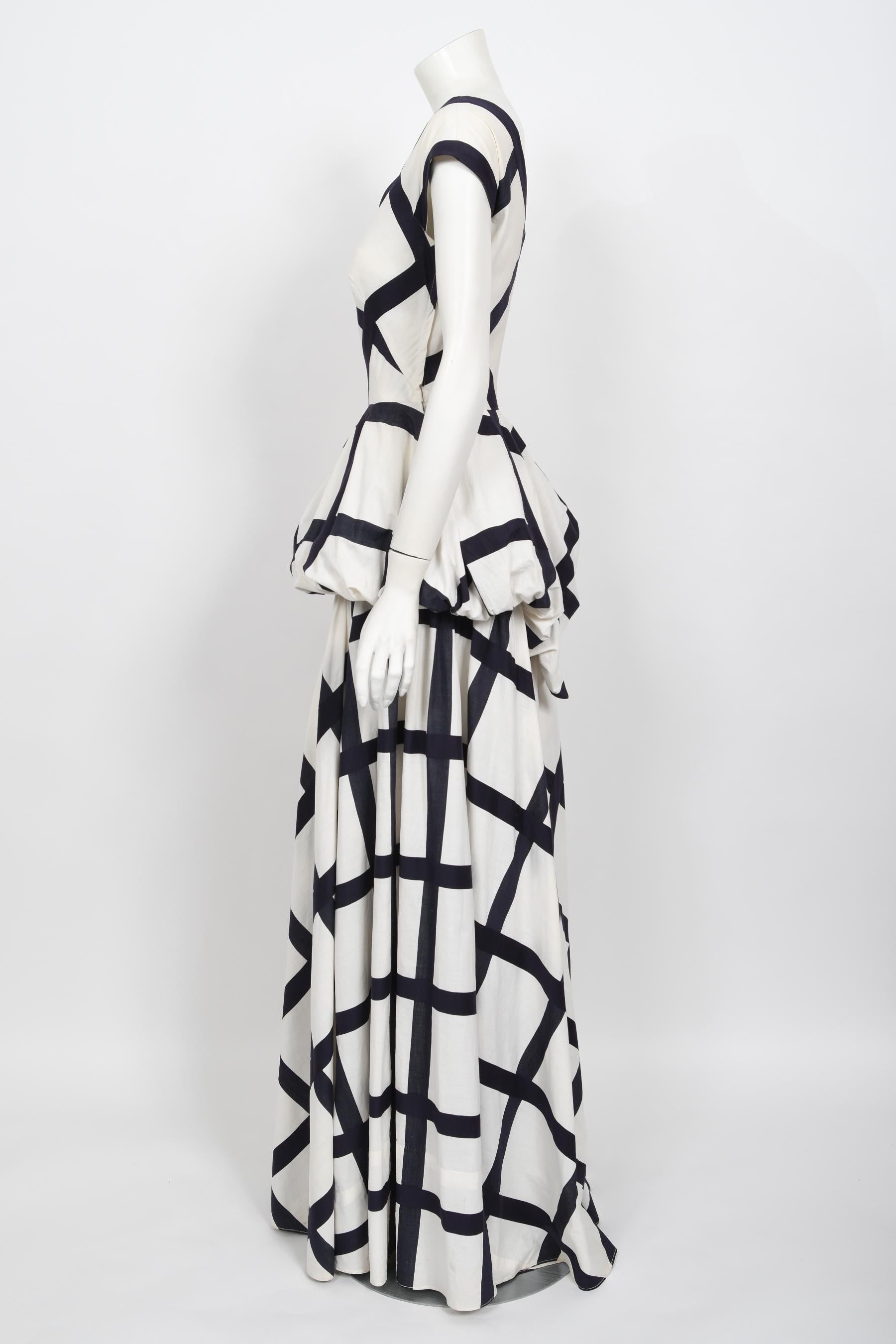 Vintage 1940's Ceil Chapman Windowpane Print White Cotton Peplum Full-Skirt Gown For Sale 8