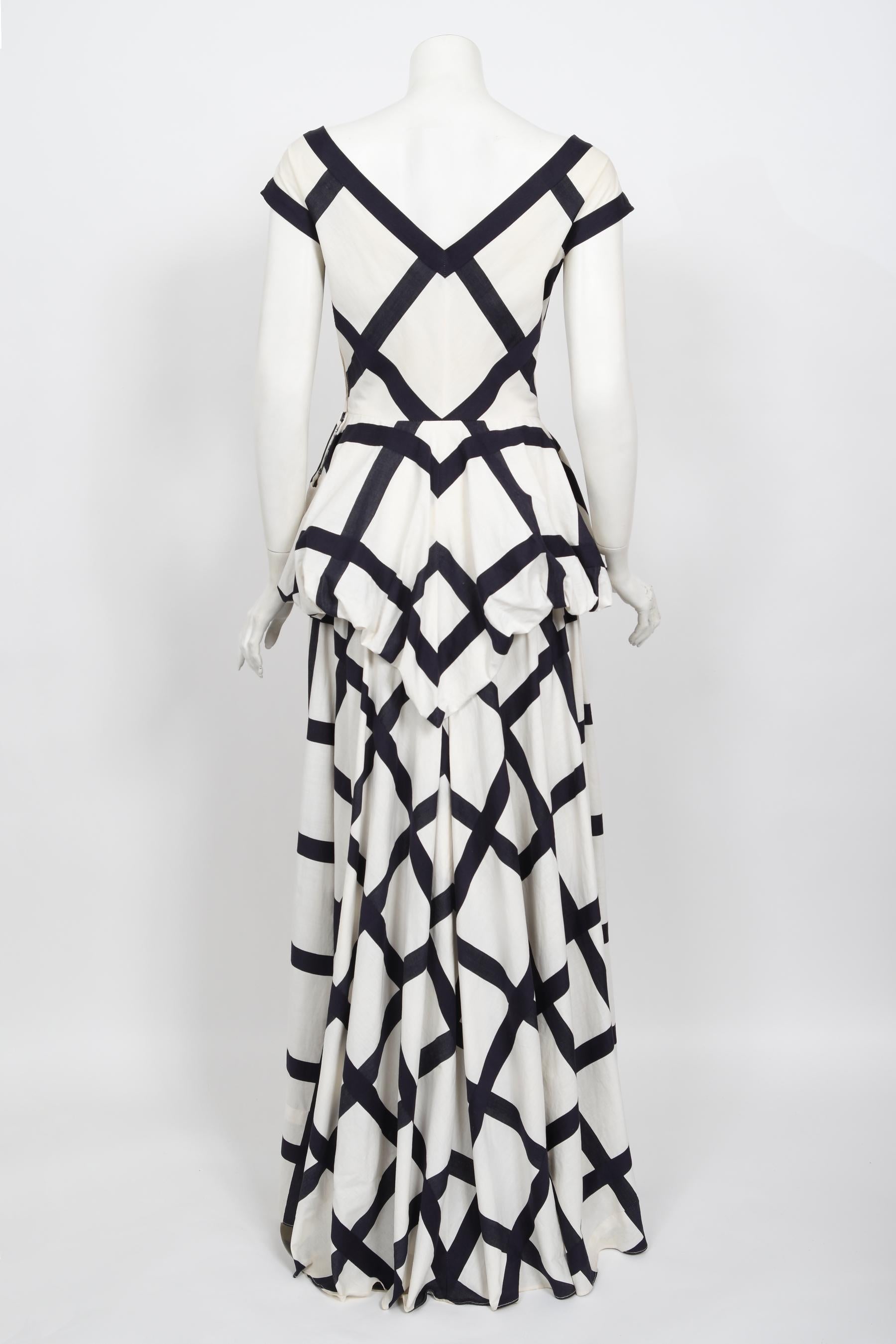 Vintage 1940's Ceil Chapman Windowpane Print White Cotton Peplum Full-Skirt Gown For Sale 9