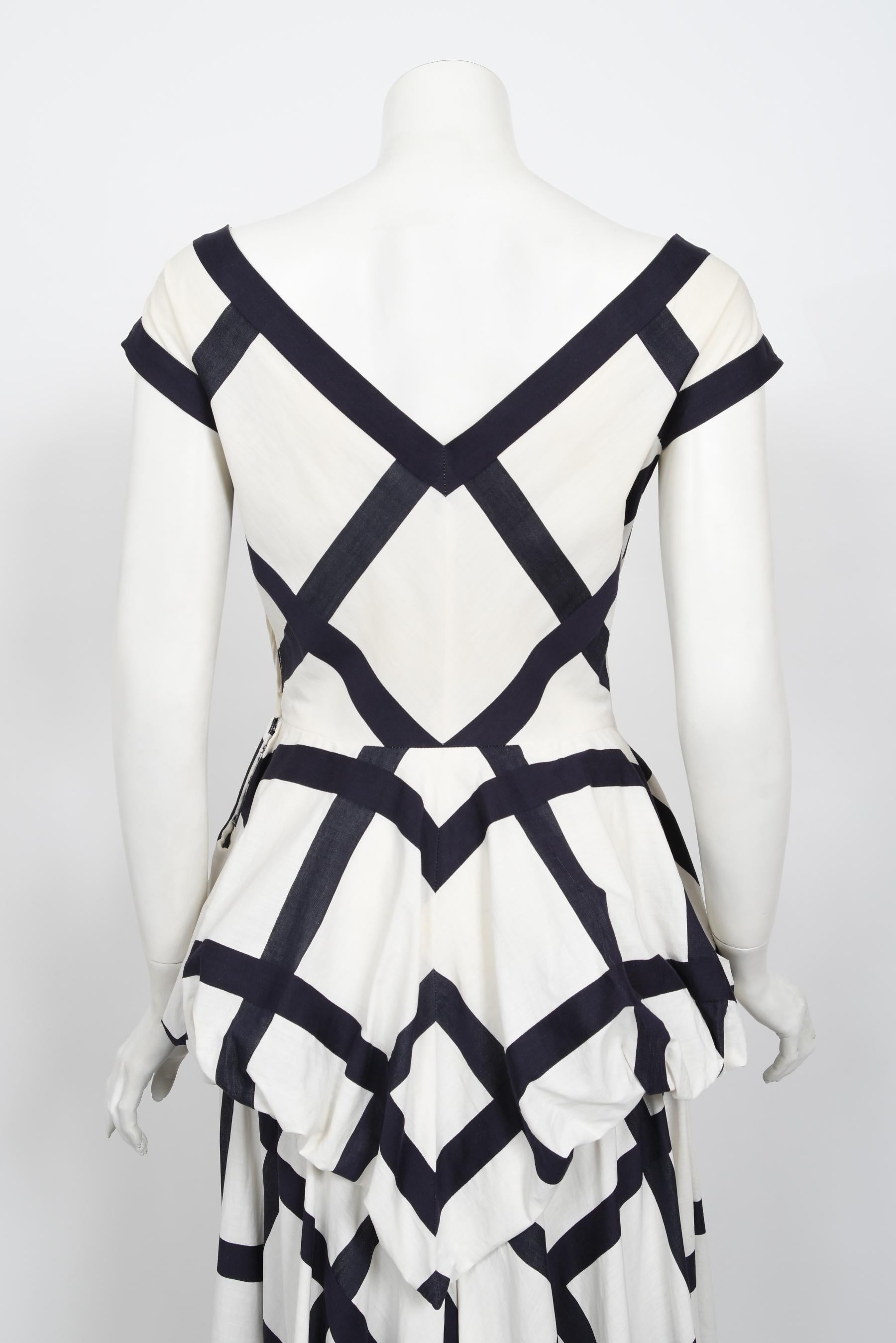 Vintage 1940's Ceil Chapman Windowpane Print White Cotton Peplum Full-Skirt Gown For Sale 10