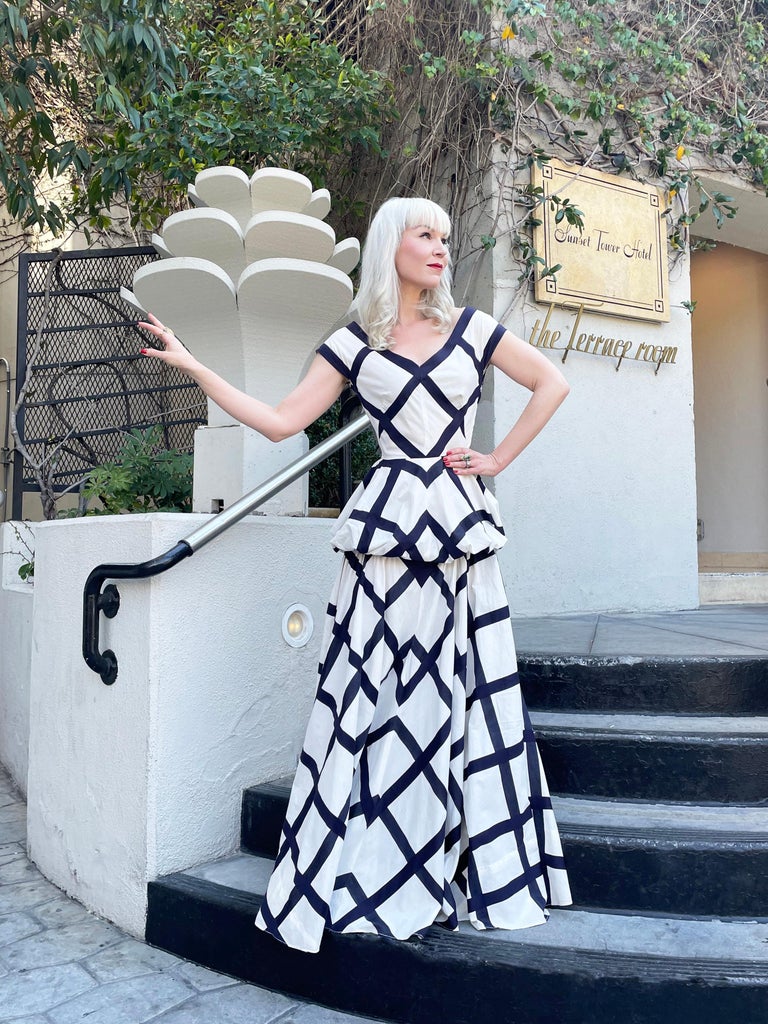 1940's Ceil Chapman Windowpane Print White Cotton Peplum Full