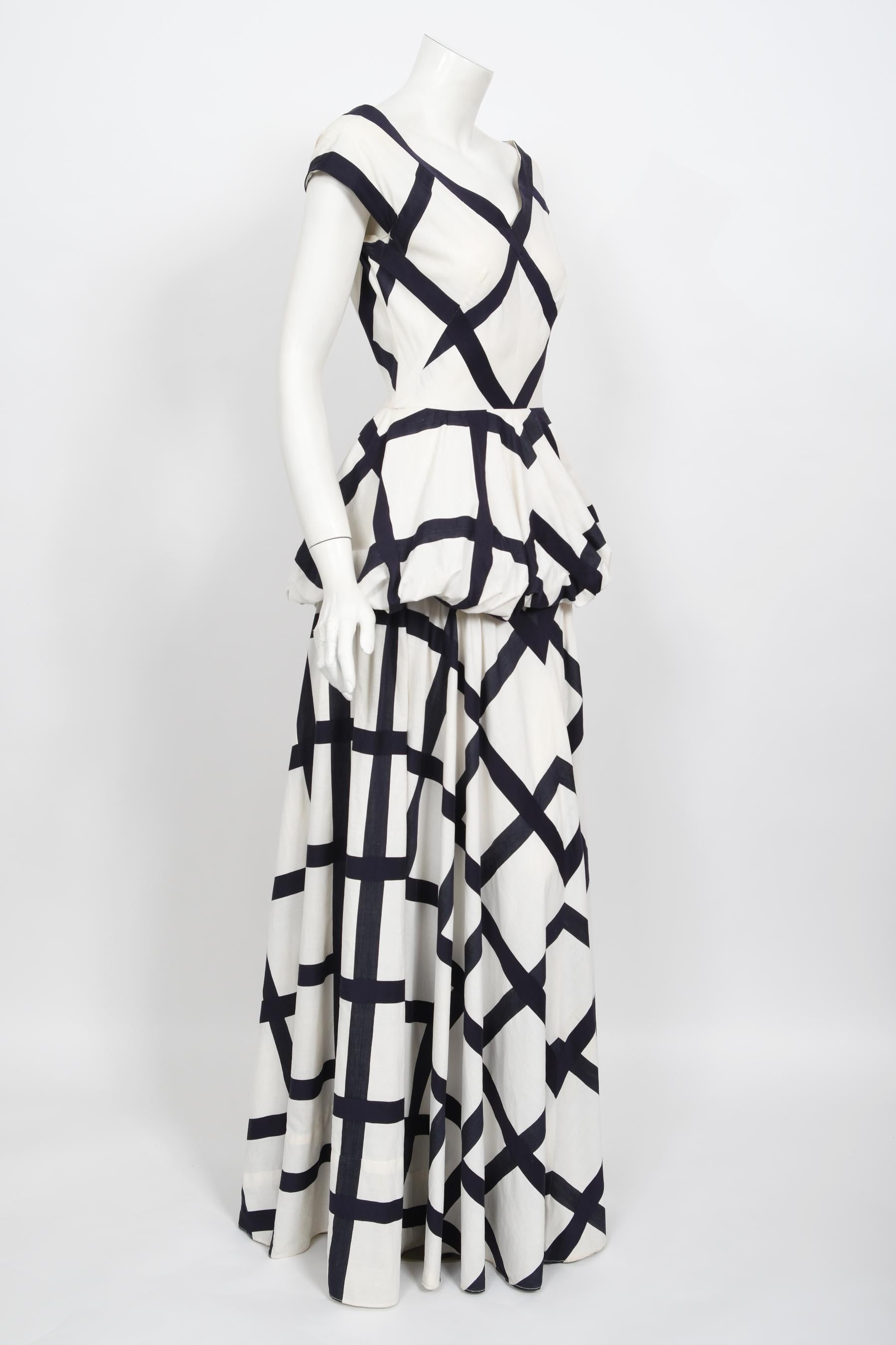 Vintage 1940's Ceil Chapman Windowpane Print Weiß Baumwolle Peplum Full-Skirt Kleid im Angebot 2