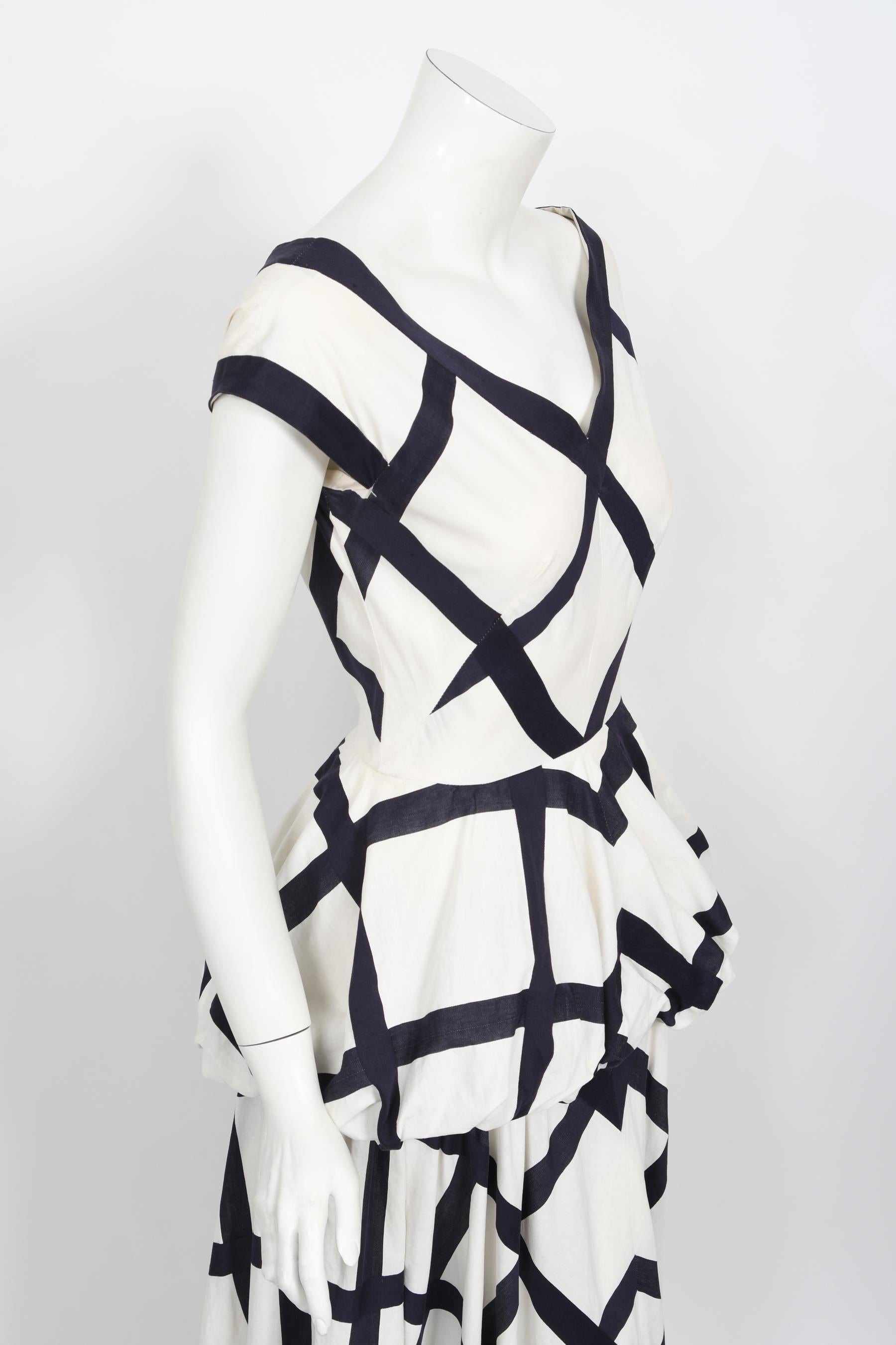 Vintage 1940's Ceil Chapman Windowpane Print White Cotton Peplum Full-Skirt Gown For Sale 3