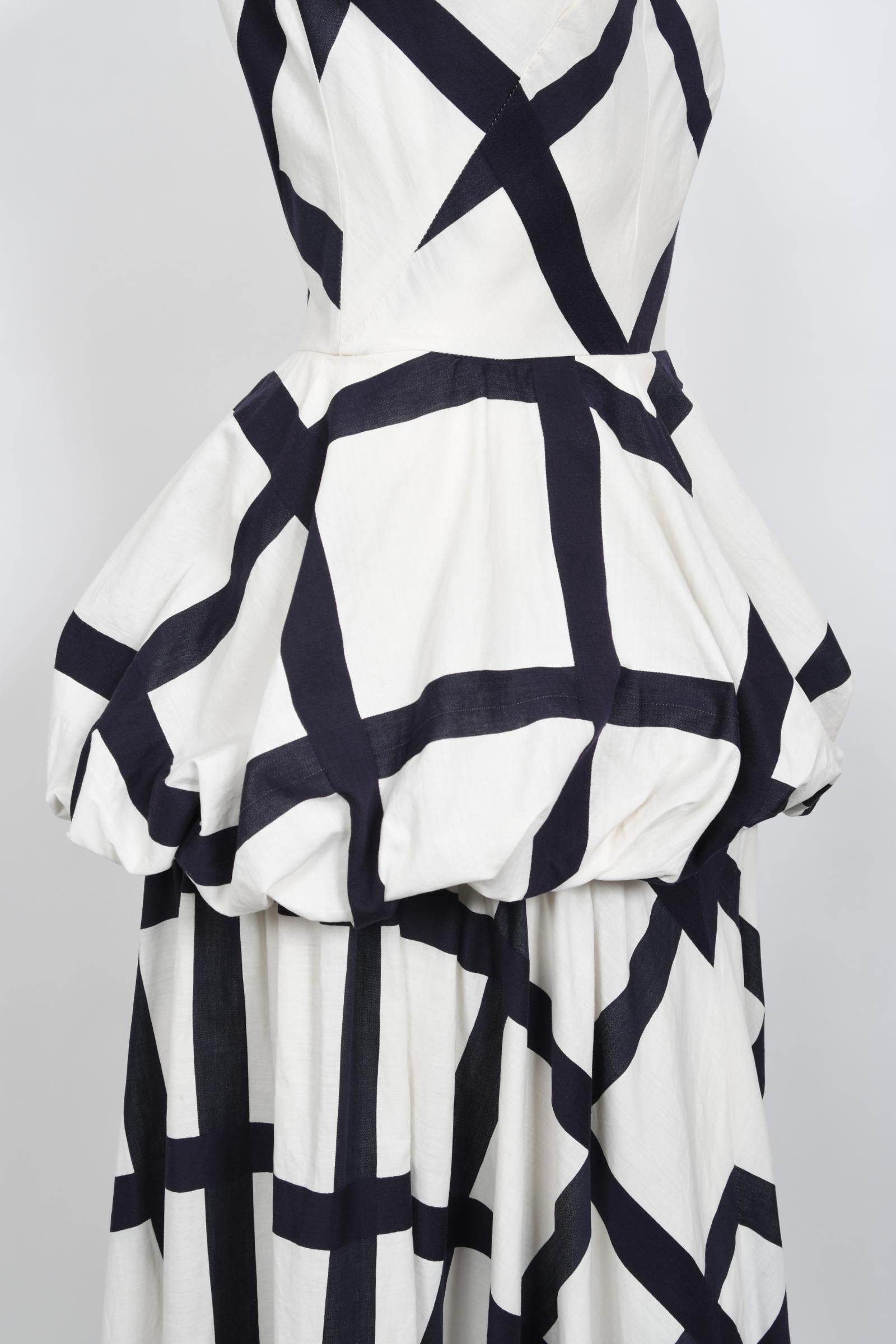 Vintage 1940's Ceil Chapman Windowpane Print Weiß Baumwolle Peplum Full-Skirt Kleid im Angebot 4