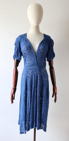 Vintage 1940's Cerulean Blue lace Dress 1940's tea dress day dress UK 10 US 6