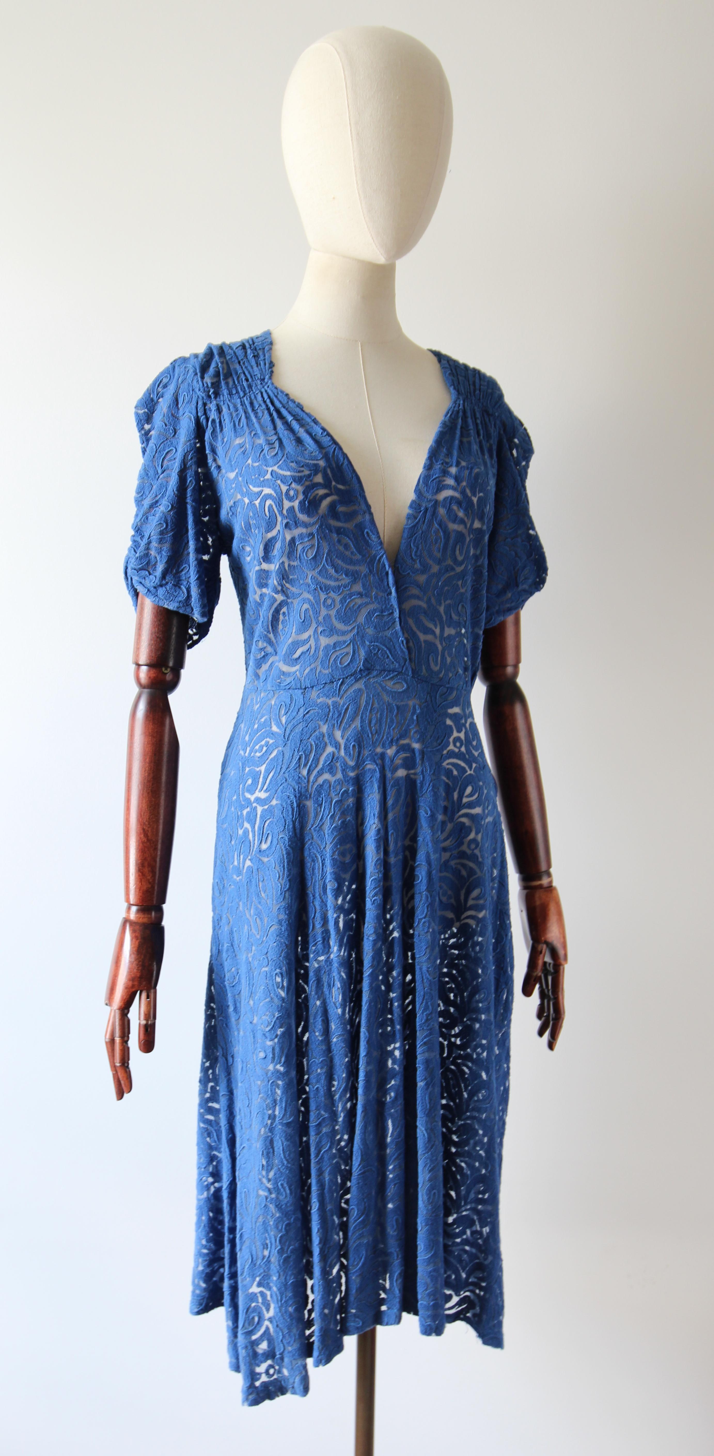 Vintage 1940's Cerulean Blue lace Dress 1940's tea dress day dress UK 10 US 6 1