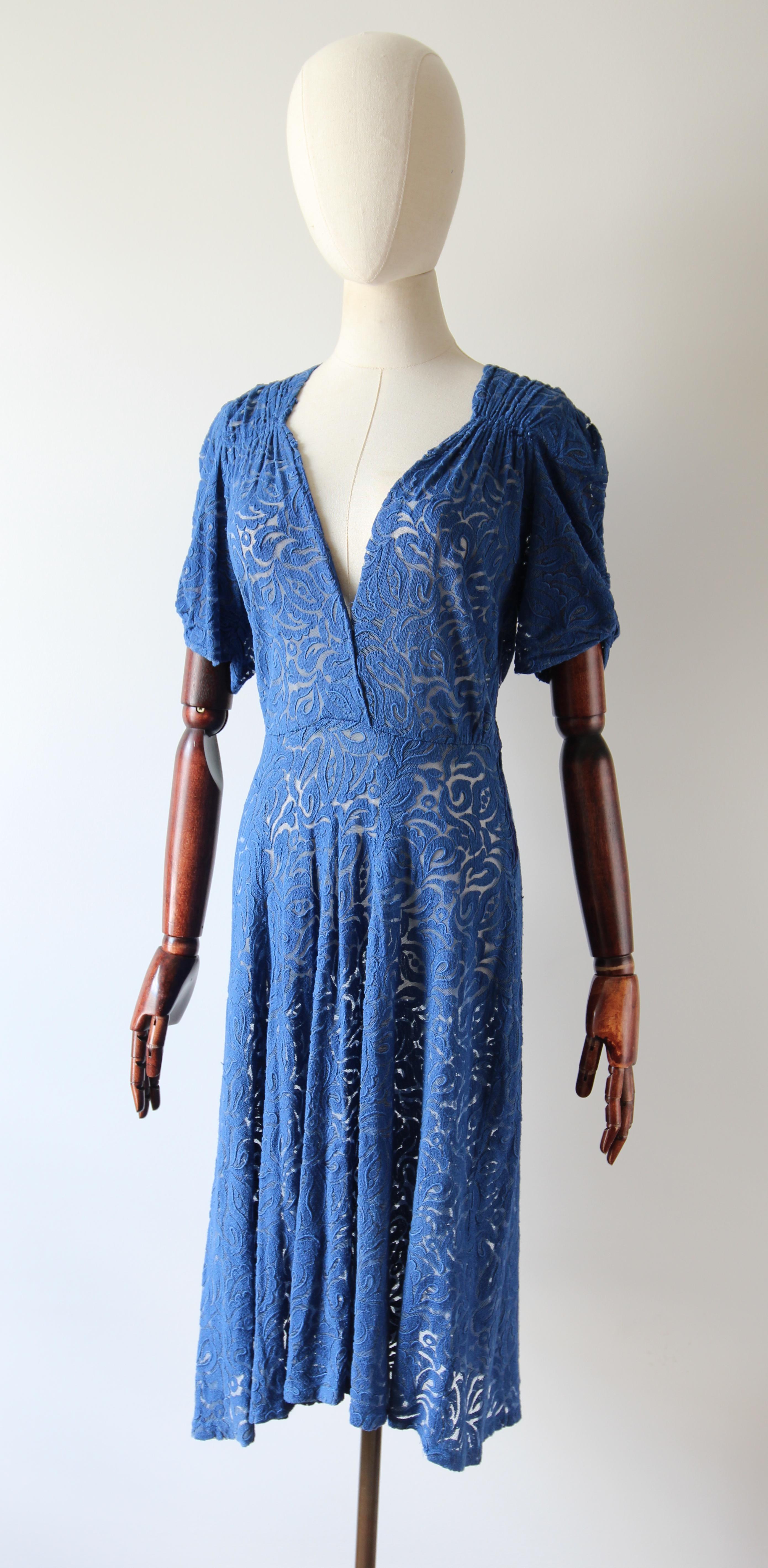 Vintage 1940's Cerulean Blue lace Dress 1940's tea dress day dress UK 10 US 6 3