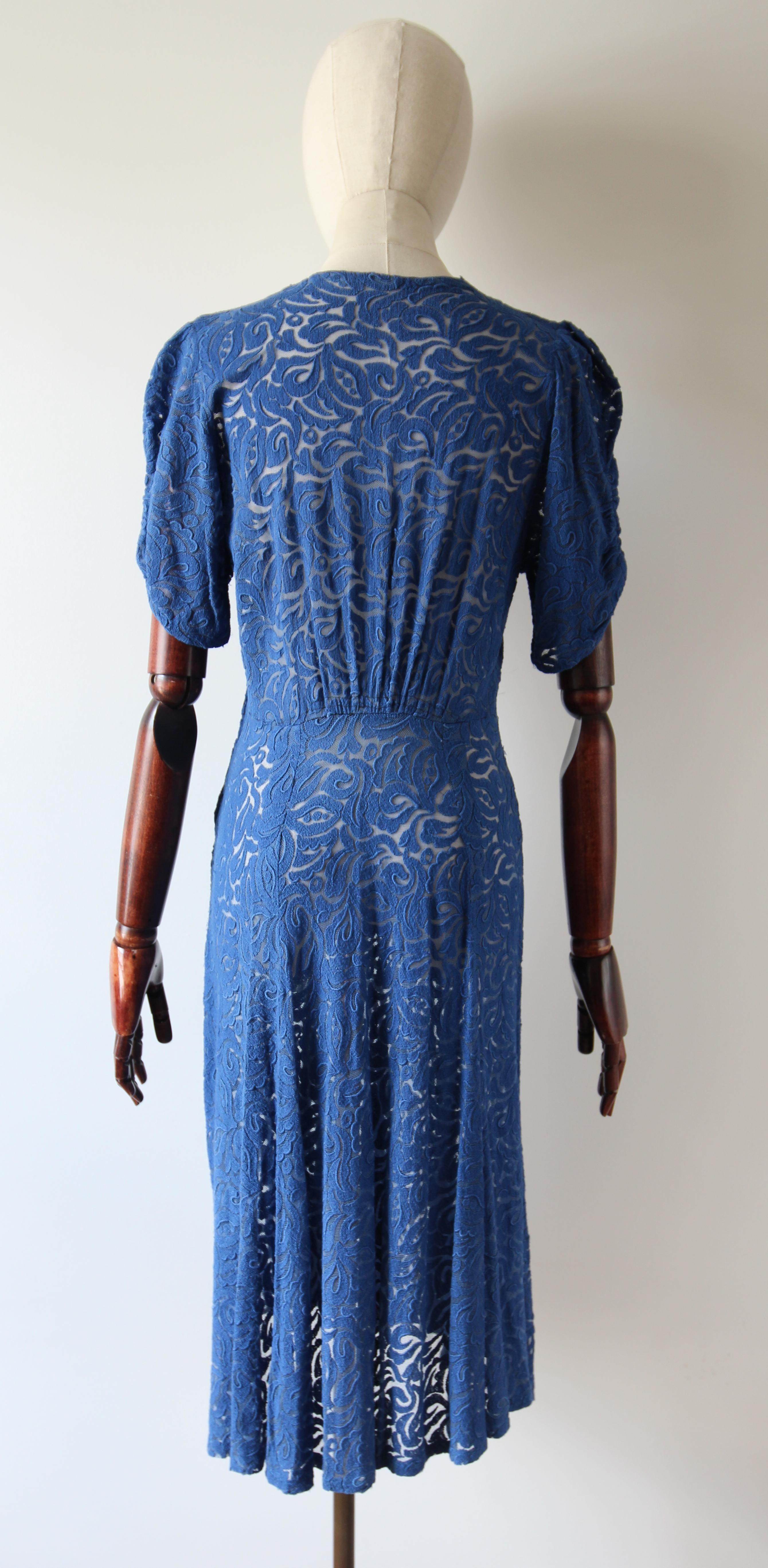Vintage 1940's Cerulean Blue lace Dress 1940's tea dress day dress UK 10 US 6 5