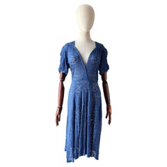 Vintage 1940's Cerulean Blue lace Dress 1940's tea dress day dress UK 10 US 6