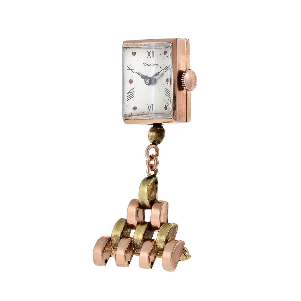 Retro Vintage 1940's Chatan 14KT Gold Brooch Pin Watch For Sale
