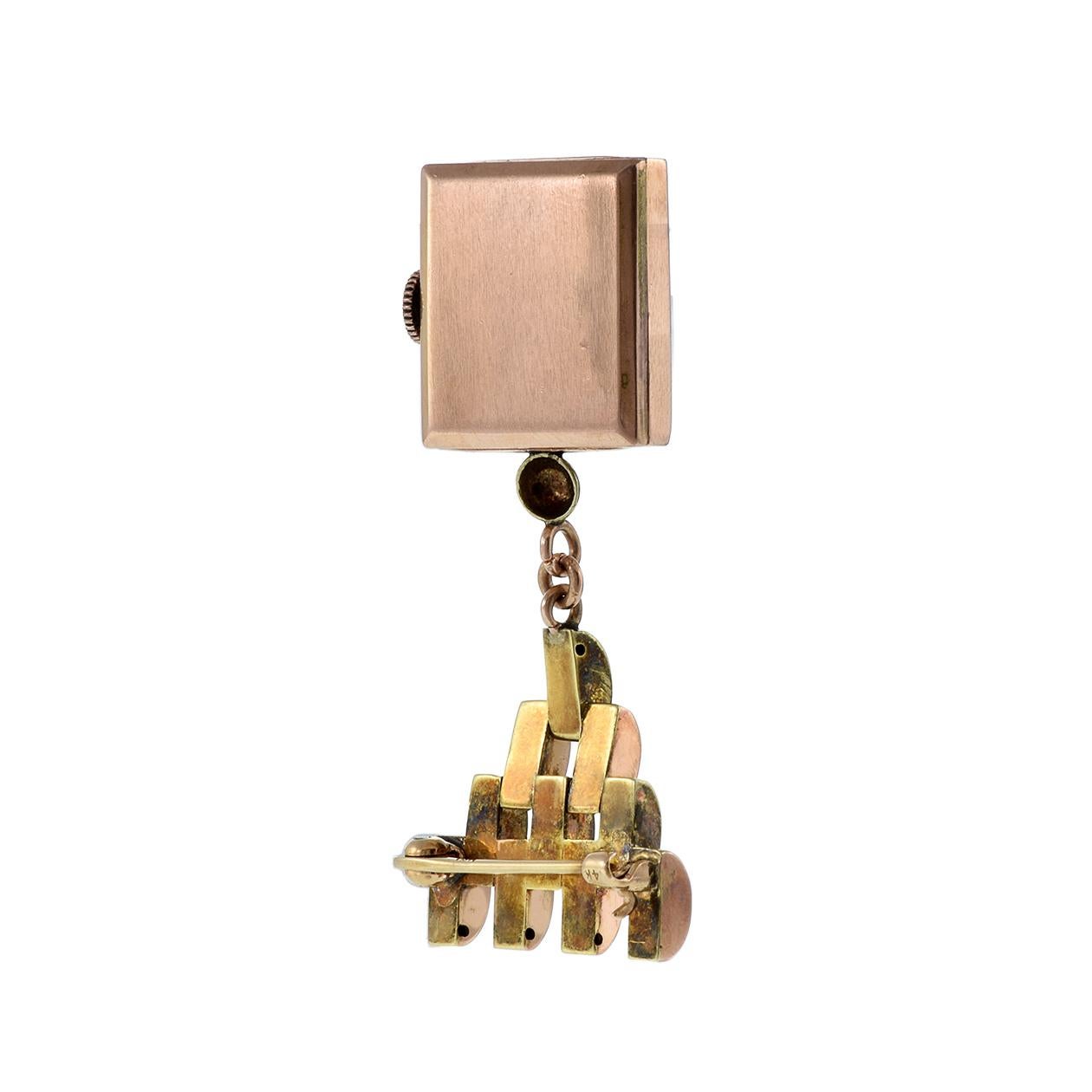 Vintage 1940's Chatan 14KT Gold Brooch Pin Watch In Excellent Condition For Sale In New York, NY