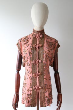 Vintage 1940's Cheongsam Blouse Blush Pink Crepe Silk Blouse UK 8 US 4