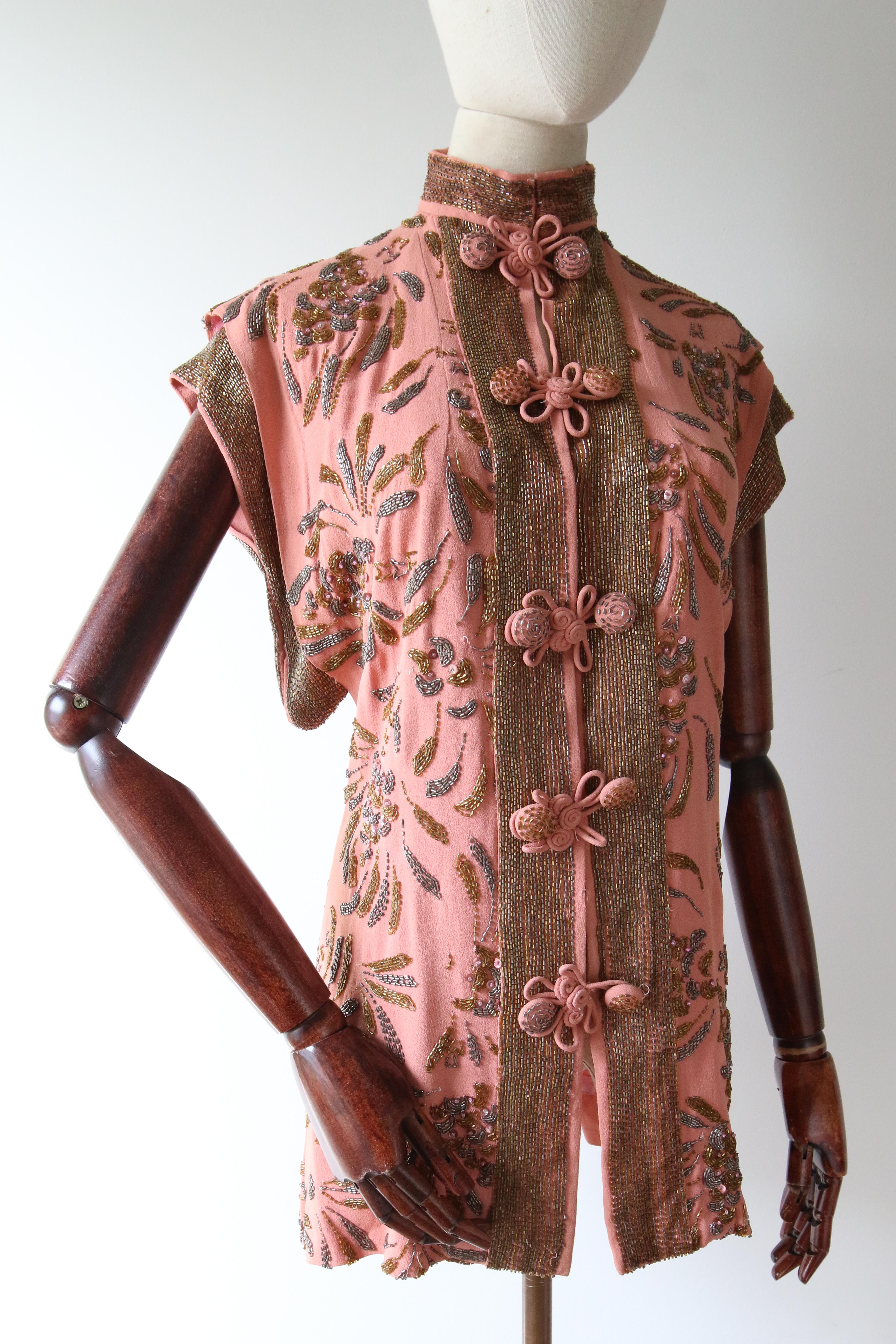 Vintage 1940er Cheongsam-Bluse aus rosa Krepp in Rosa, UK 8 US 4 im Angebot 1
