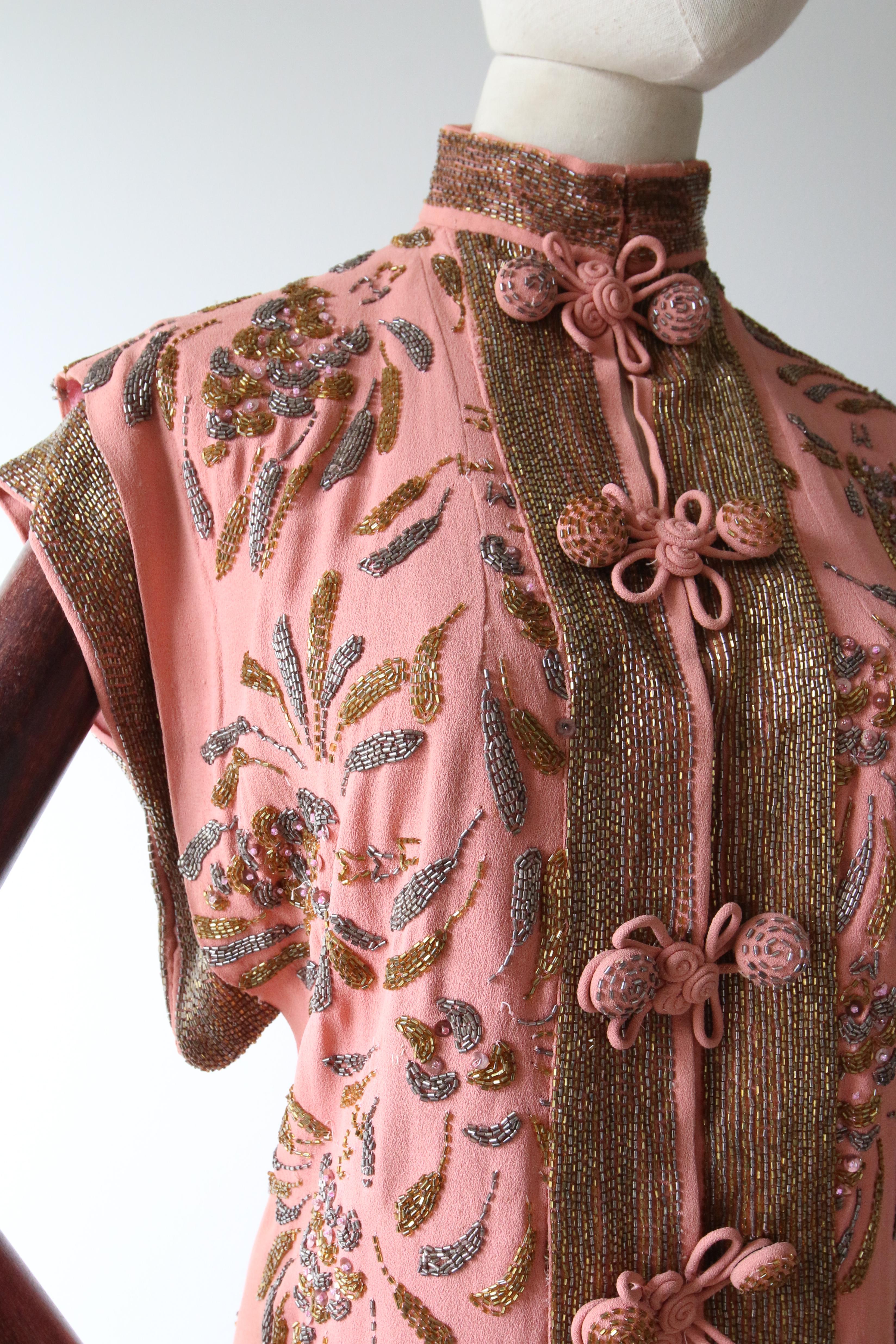 Vintage 1940's Cheongsam Blouse Blush Pink Crepe Silk Blouse UK 8 US 4 For Sale 2