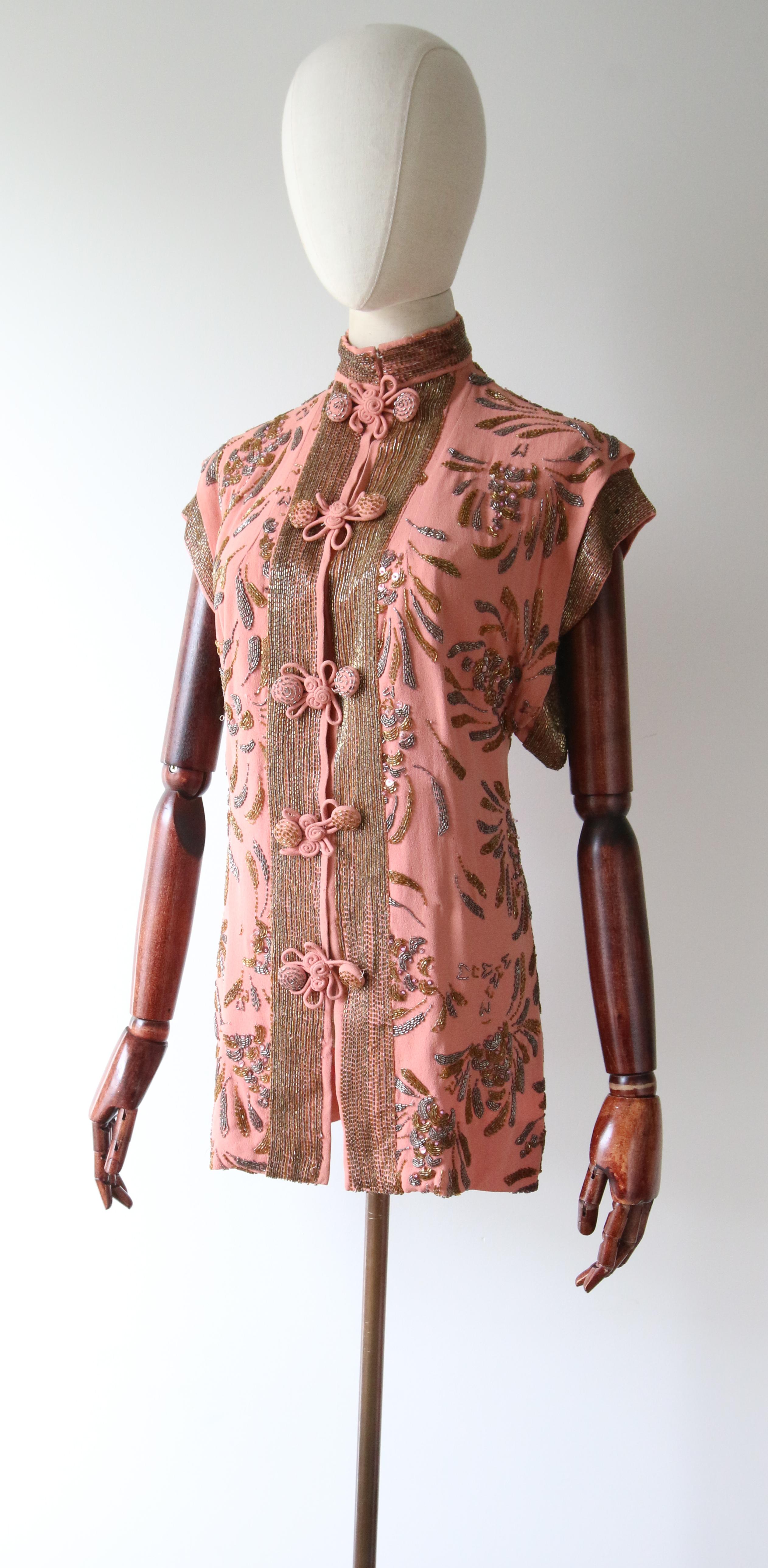 Vintage 1940er Cheongsam-Bluse aus rosa Krepp in Rosa, UK 8 US 4 im Angebot 3