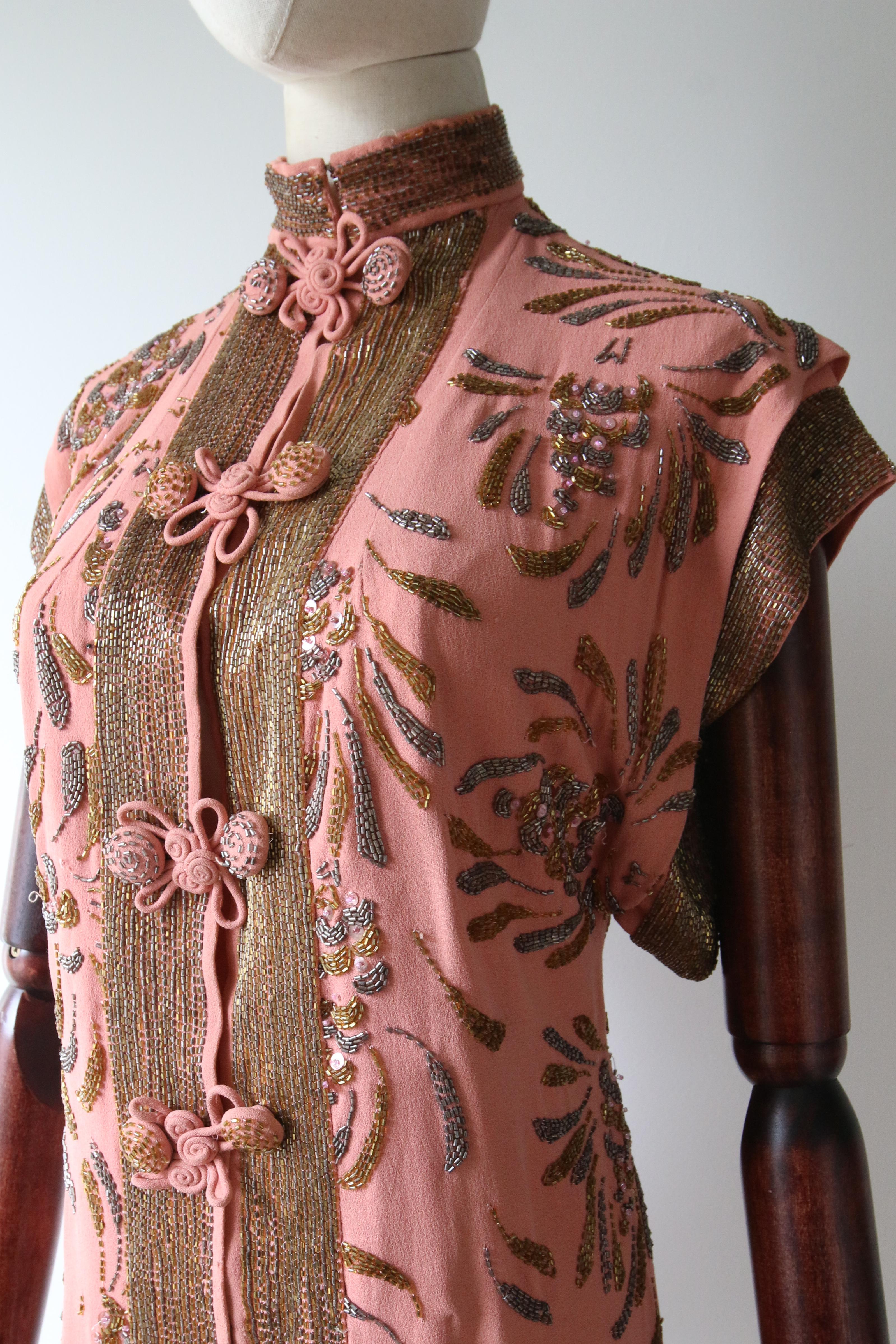 Vintage 1940's Cheongsam Blouse Blush Pink Crepe Silk Blouse UK 8 US 4 For Sale 4