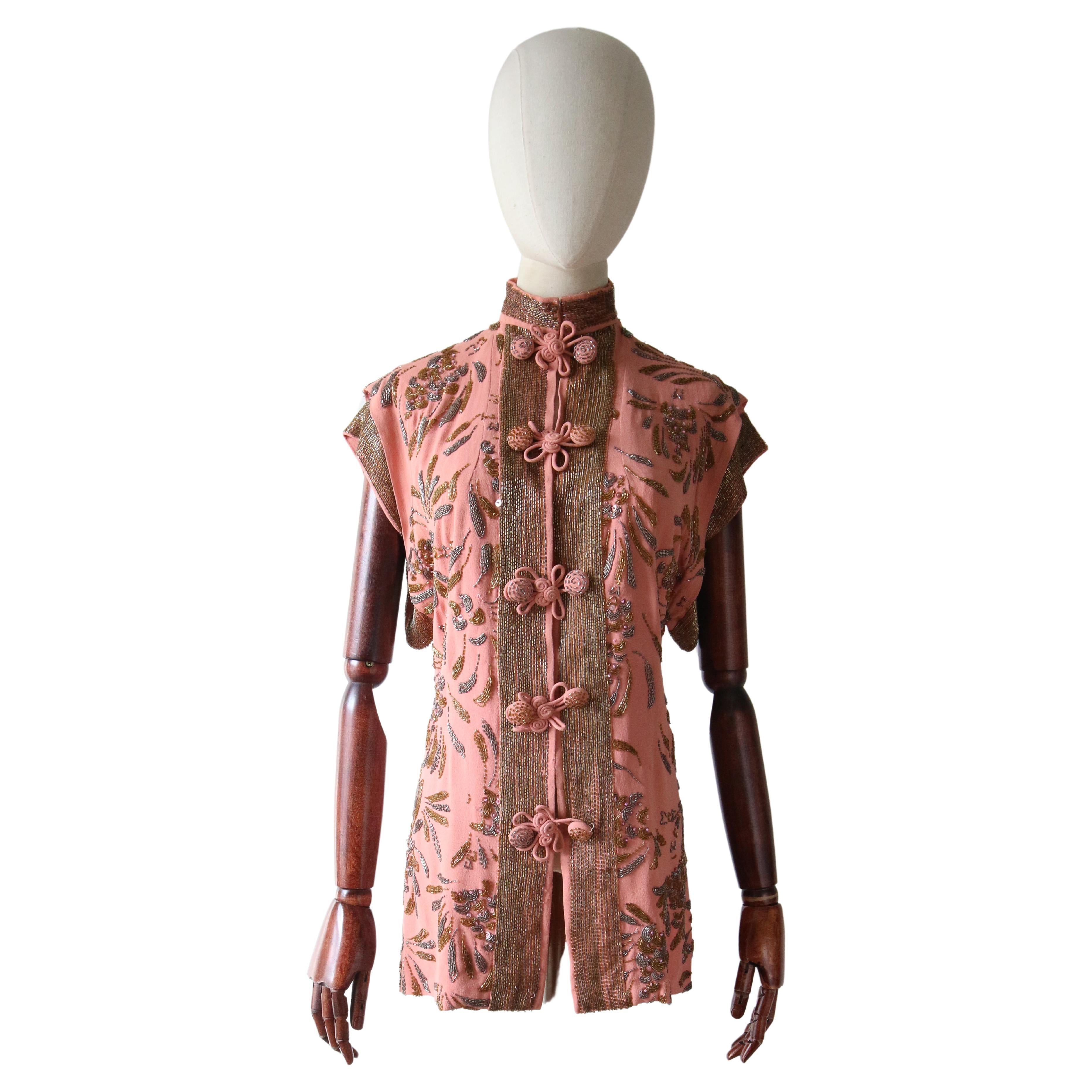 Vintage 1940er Cheongsam-Bluse aus rosa Krepp in Rosa, UK 8 US 4 im Angebot