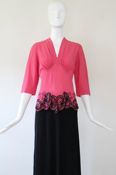 Vintage 1940's Coral Pink Sequin Embellished Gown Peplum Cut Cocktail US 6 UK 10