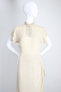 Vintage 1940s Cream Crepe Silk Dress 1940 Beaded Mandarin Collar Dress UK 8 US 4