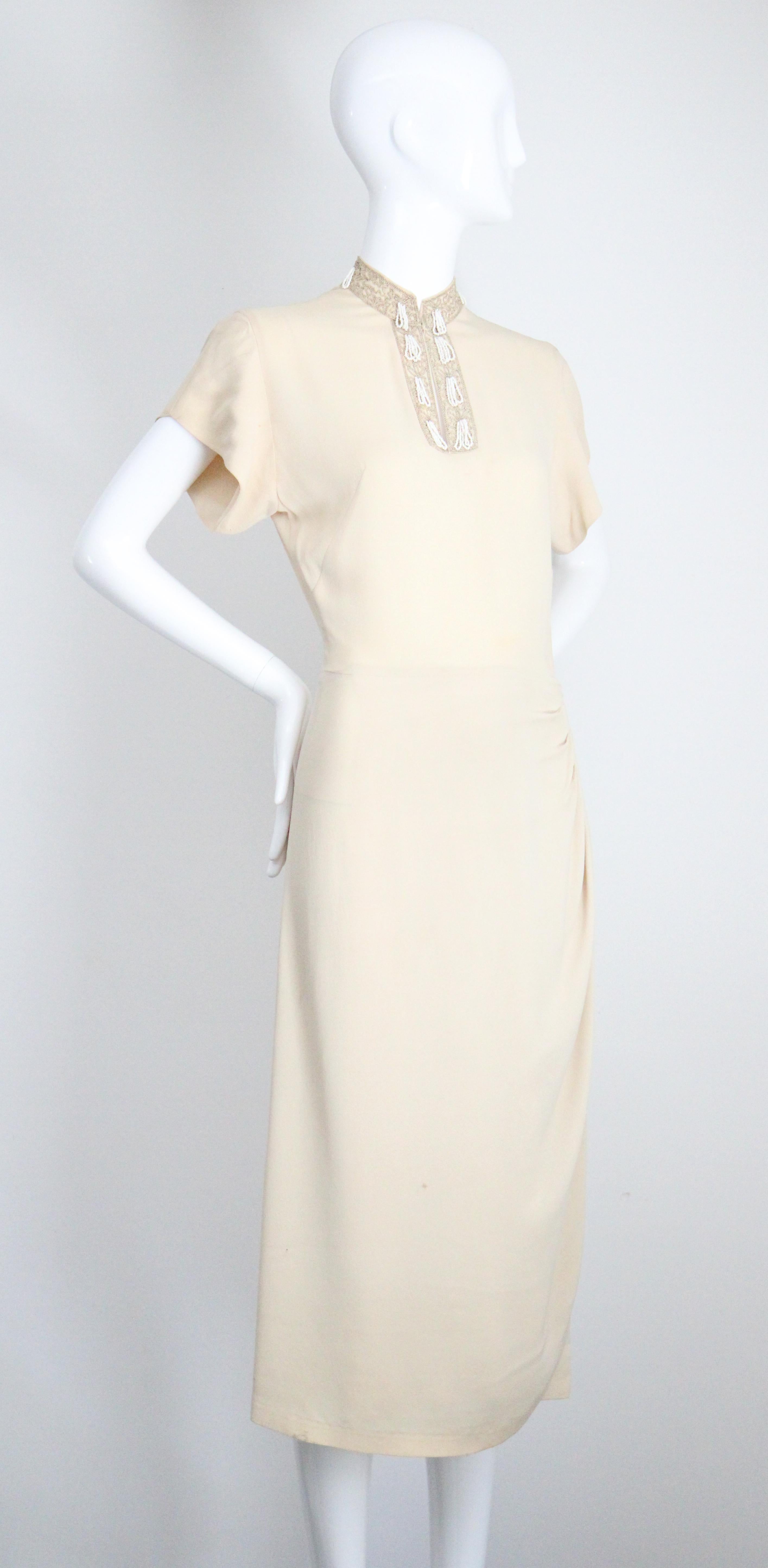 Beige Vintage 1940s Cream Crepe Silk Dress 1940 Beaded Mandarin Collar Dress UK 8 US 4 For Sale