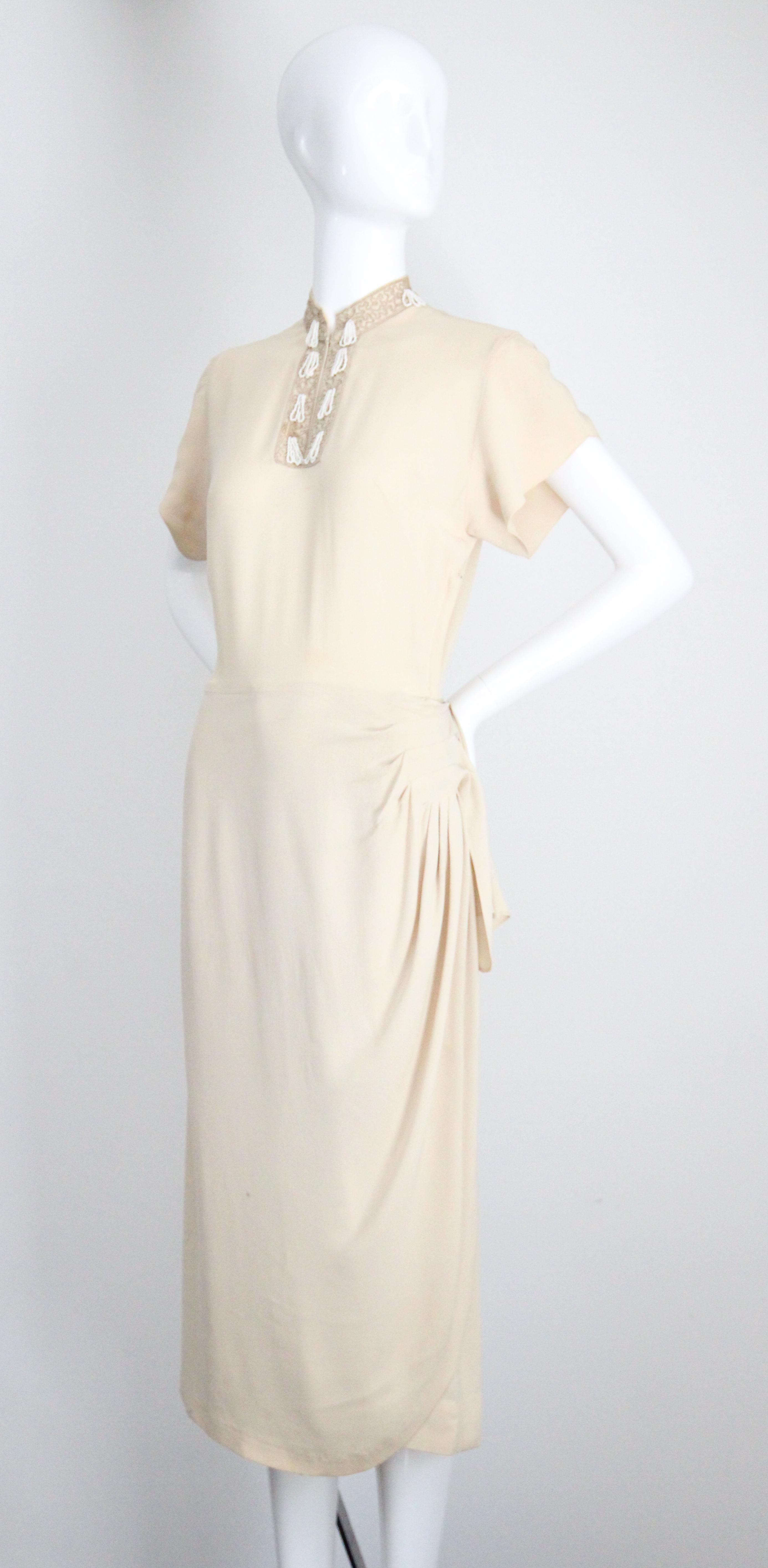 Women's Vintage 1940s Cream Crepe Silk Dress 1940 Beaded Mandarin Collar Dress UK 8 US 4 For Sale
