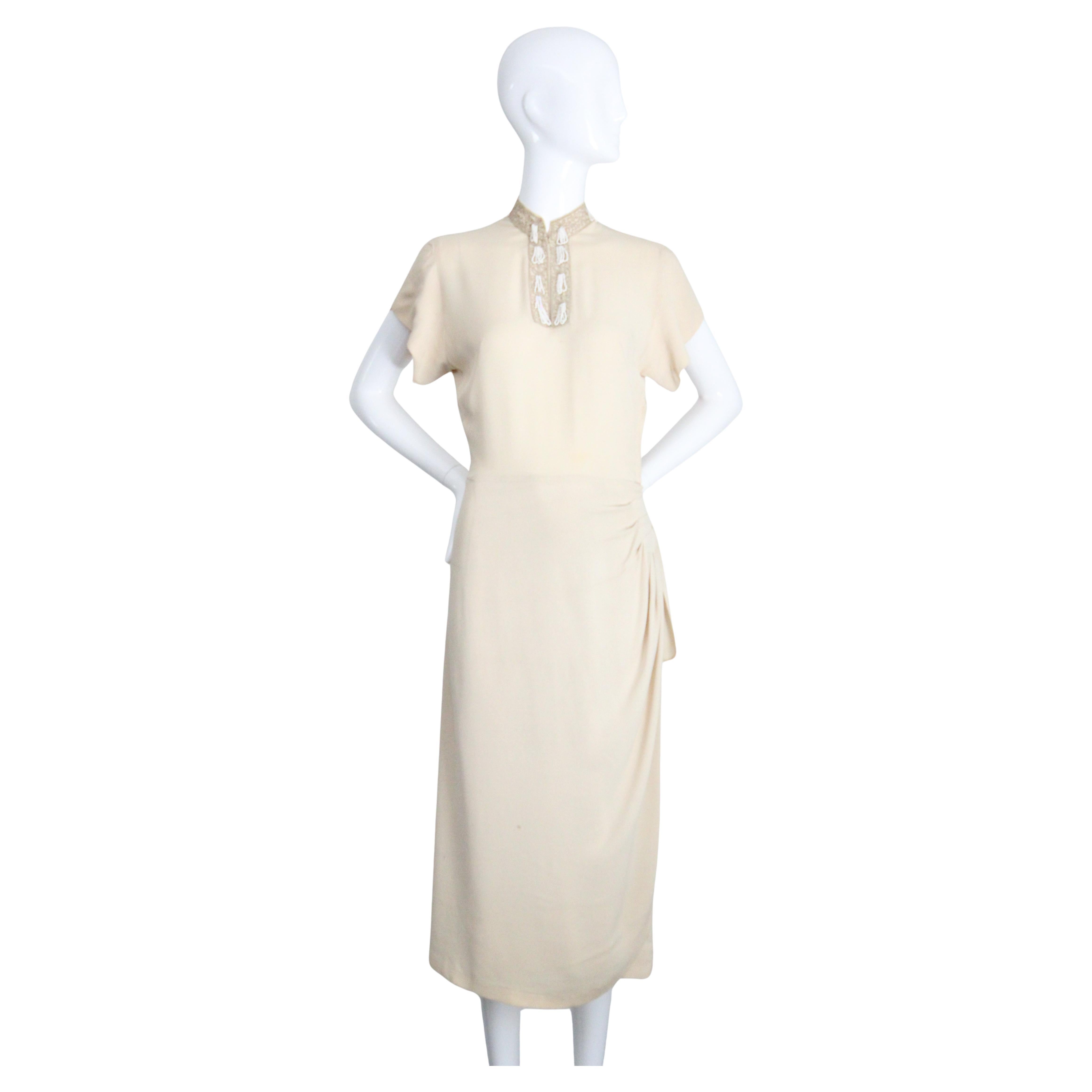 Vintage 1940s Cream Crepe Silk Dress 1940 Beaded Mandarin Collar Dress UK 8 US 4 For Sale