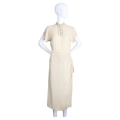 Vintage 1940 Crepé de seda Vestido 1940 Cuentas Cuello Mandarín UK 8 US 4