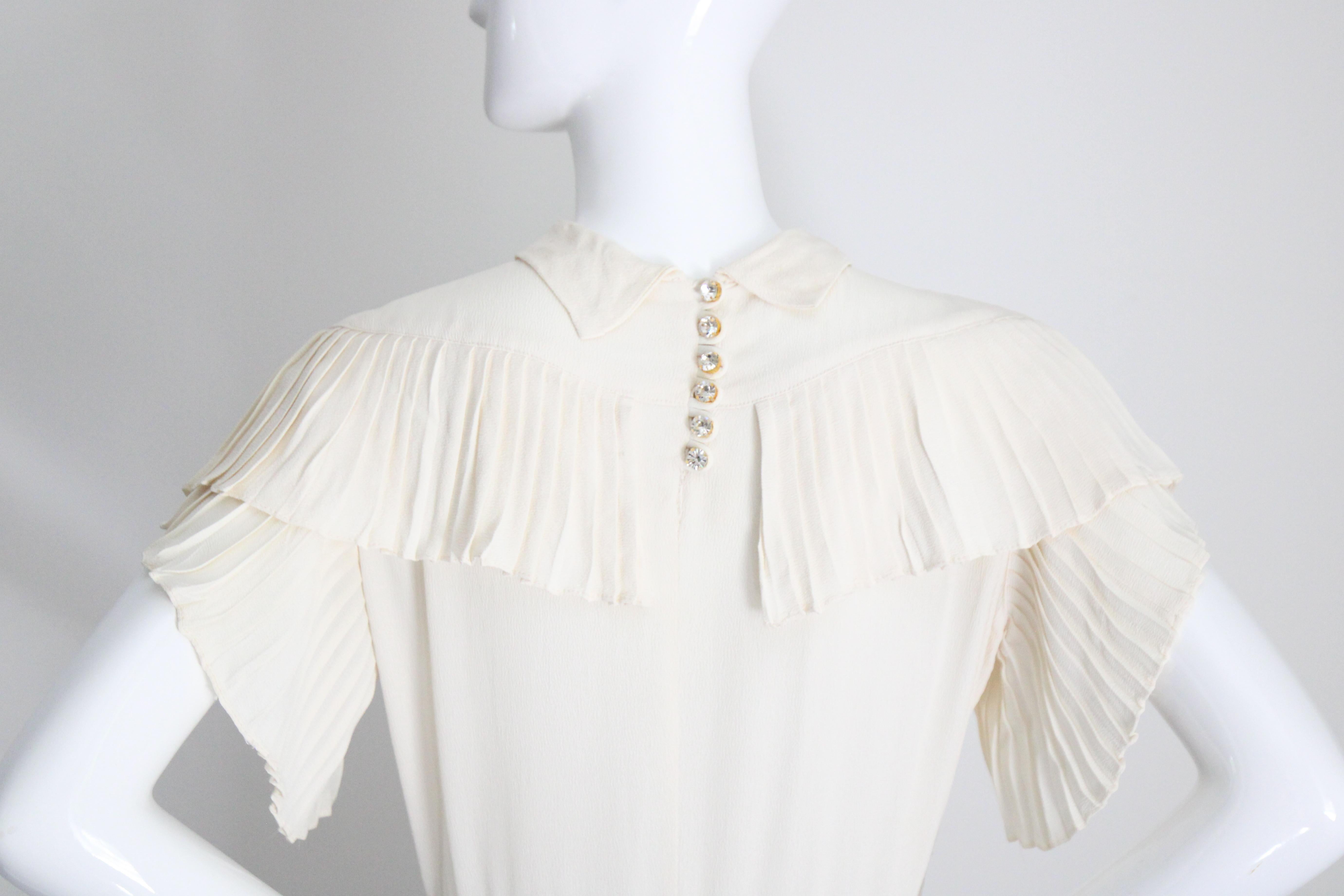 Donna Vintage 1940 Crema Abito plissettato in seta 1940s Crema Abito con strass UK 10 US 6 in vendita