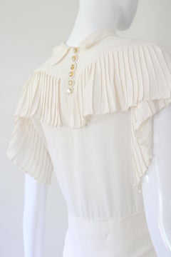 Vintage 1940's Cream Silk Pleated Dress Rhinestone Button US 6 UK 10