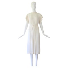 Vintage 1940's Cream Silk Pleated Dress Rhinestone Button US 6 UK 10