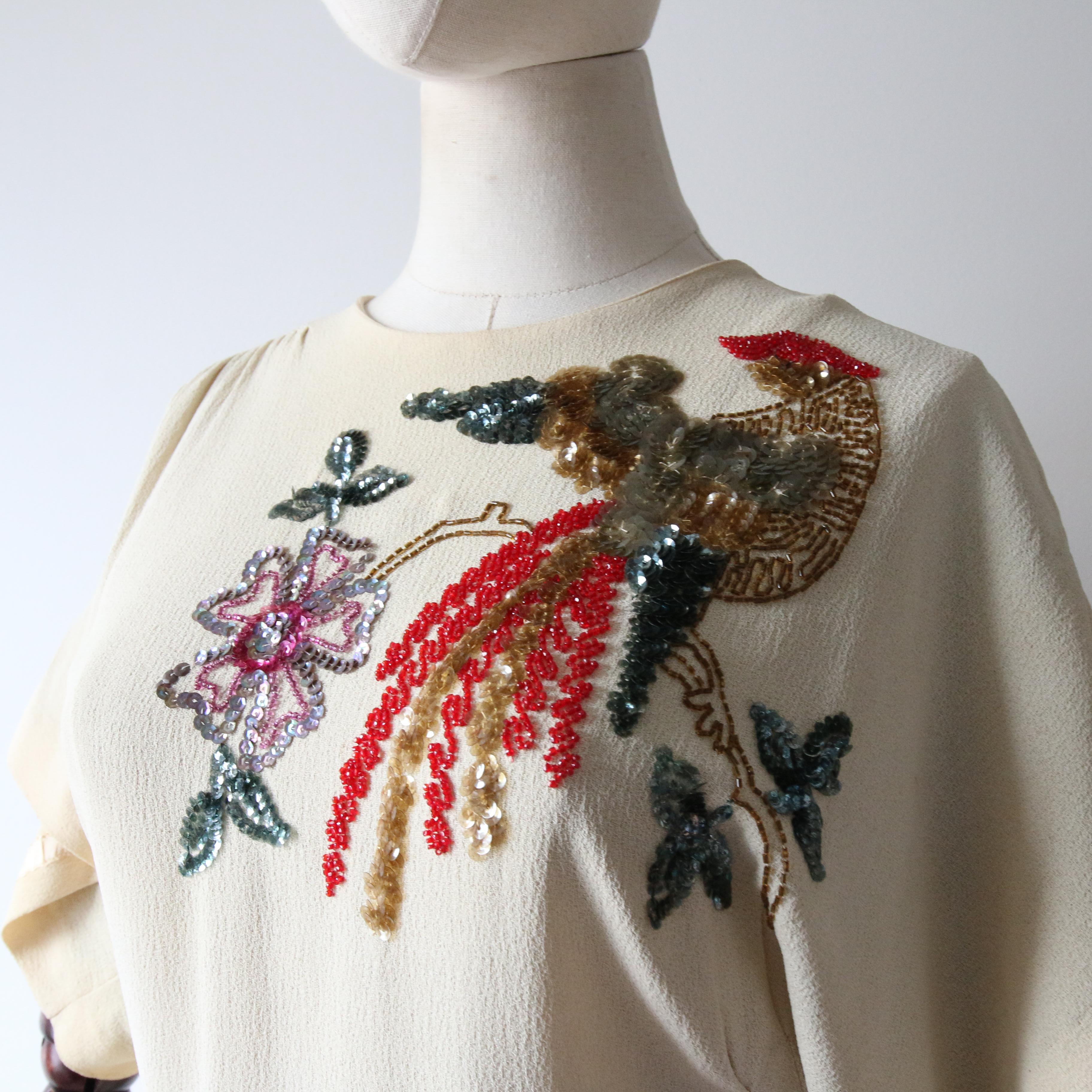 Vintage 1940's Cream Sill Beaded Dress Bird of Paradise Sequin Dress UK 6 US 2 6