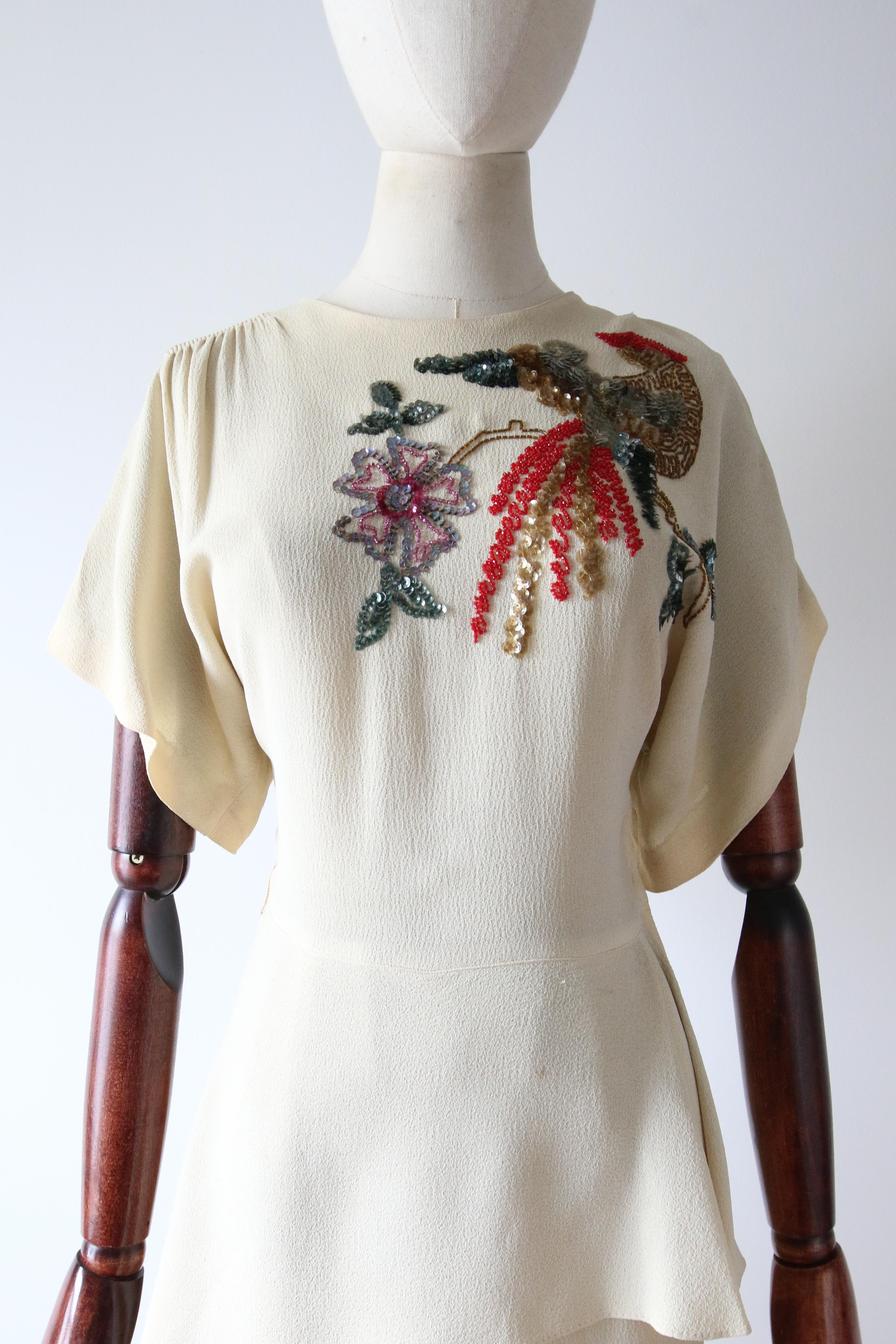 Women's Vintage 1940's Cream Sill Beaded Dress Bird of Paradise Sequin Dress UK 6 US 2