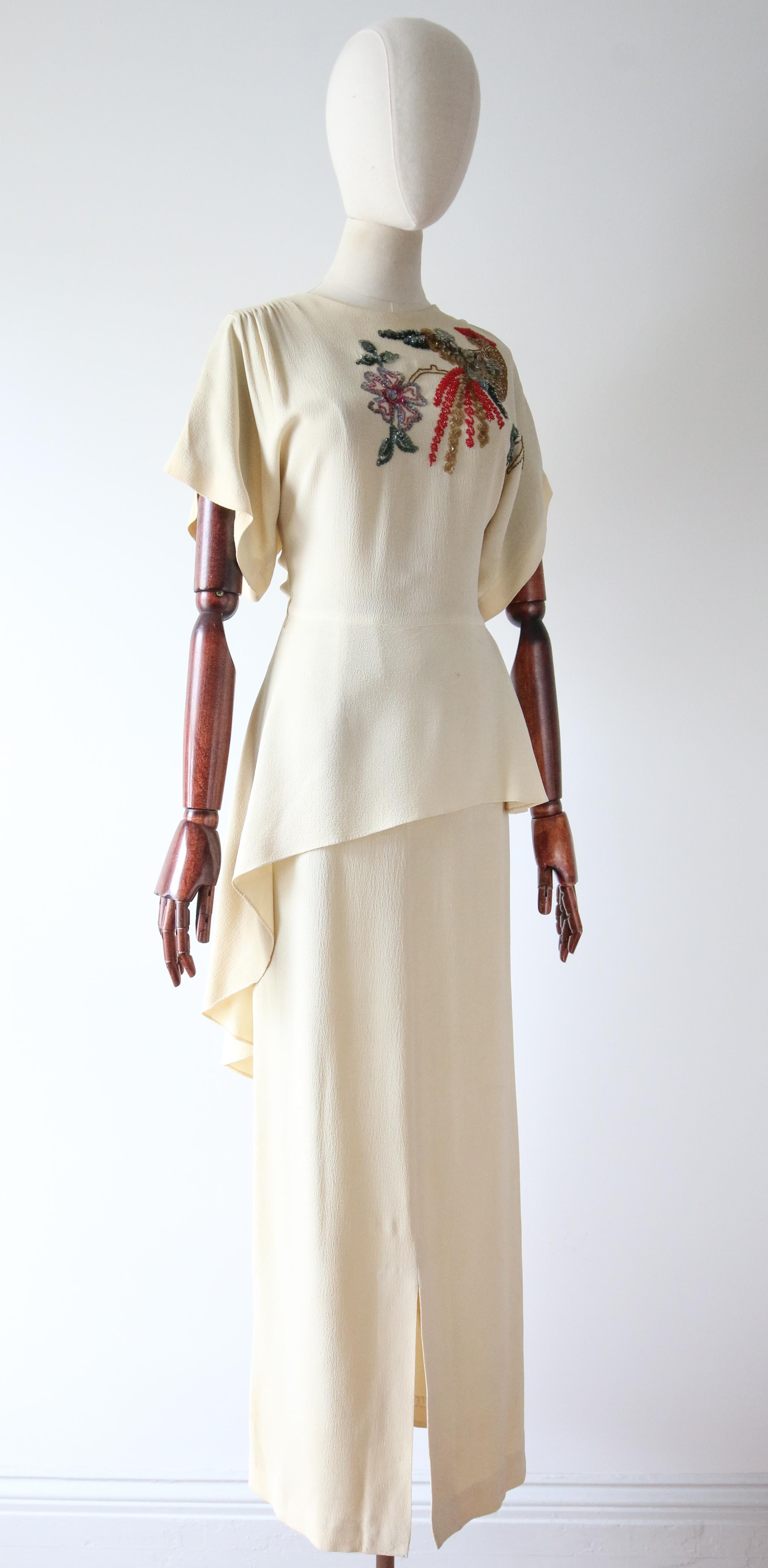 Vintage 1940's Cream Sill Beaded Dress Bird of Paradise Sequin Dress UK 6 US 2 1