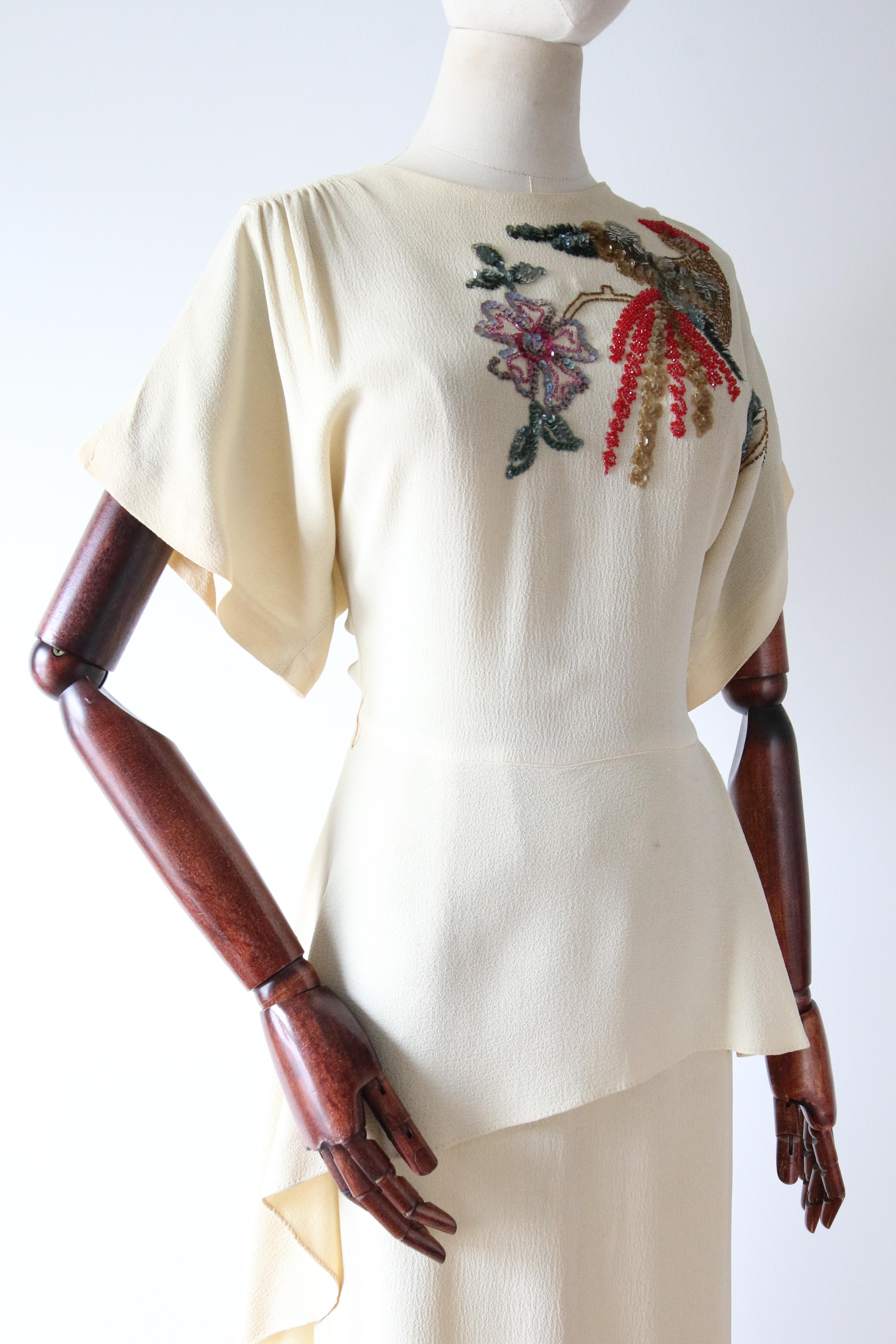 Vintage 1940's Cream Sill Beaded Dress Bird of Paradise Sequin Dress UK 6 US 2 2