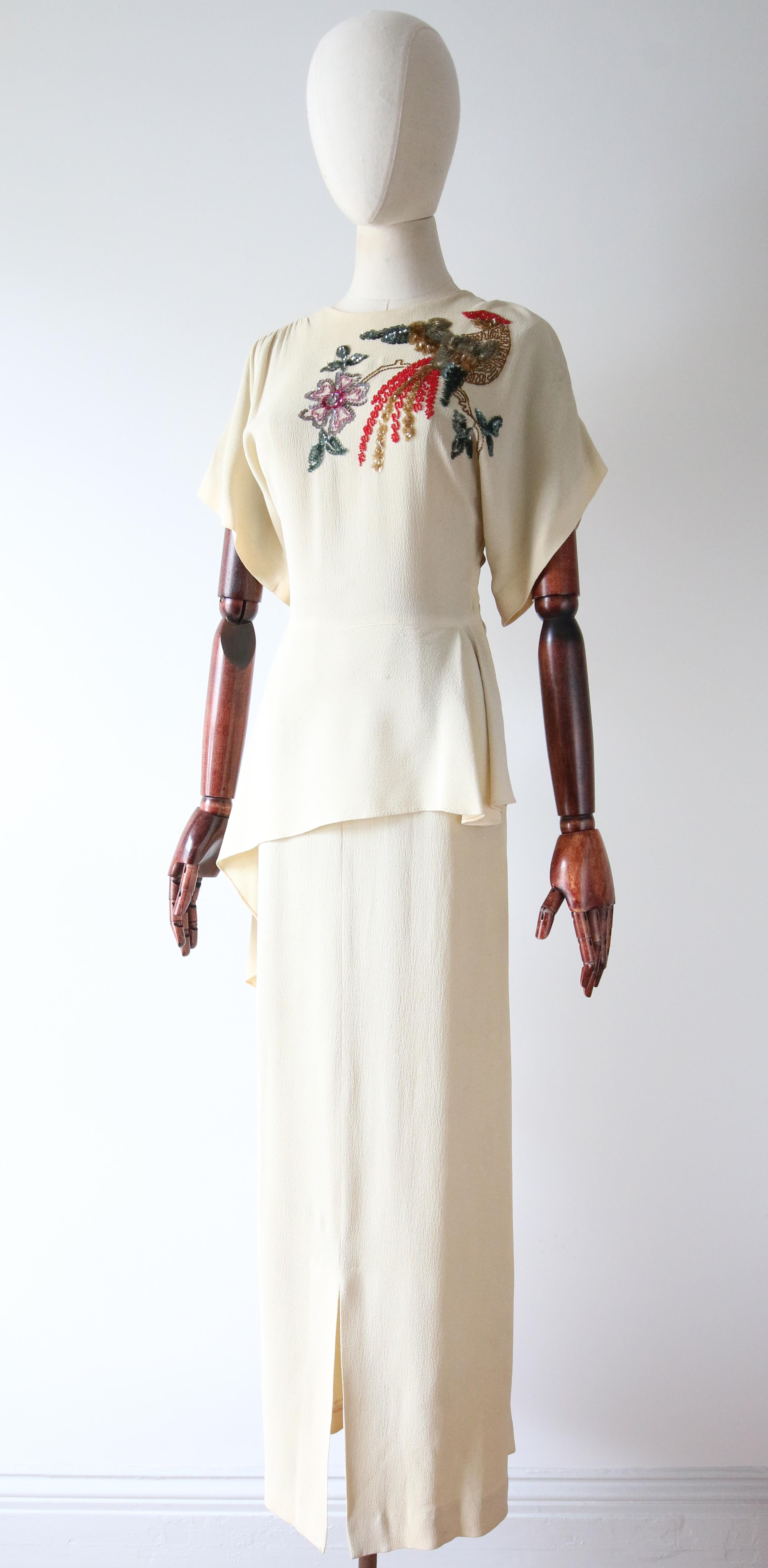 Vintage 1940's Cream Sill Beaded Dress Bird of Paradise Sequin Dress UK 6 US 2 3