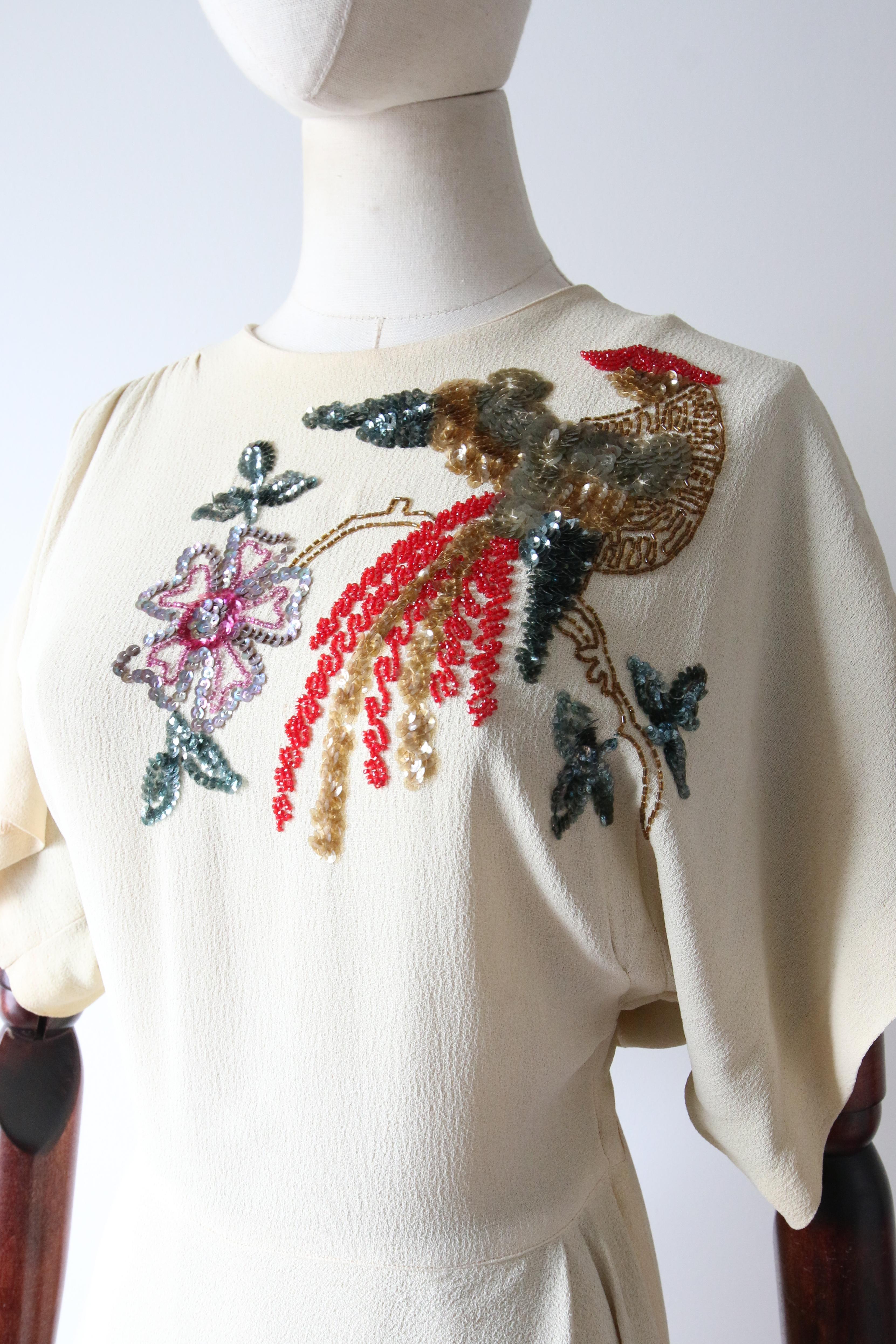 Vintage 1940's Cream Sill Beaded Dress Bird of Paradise Sequin Dress UK 6 US 2 5