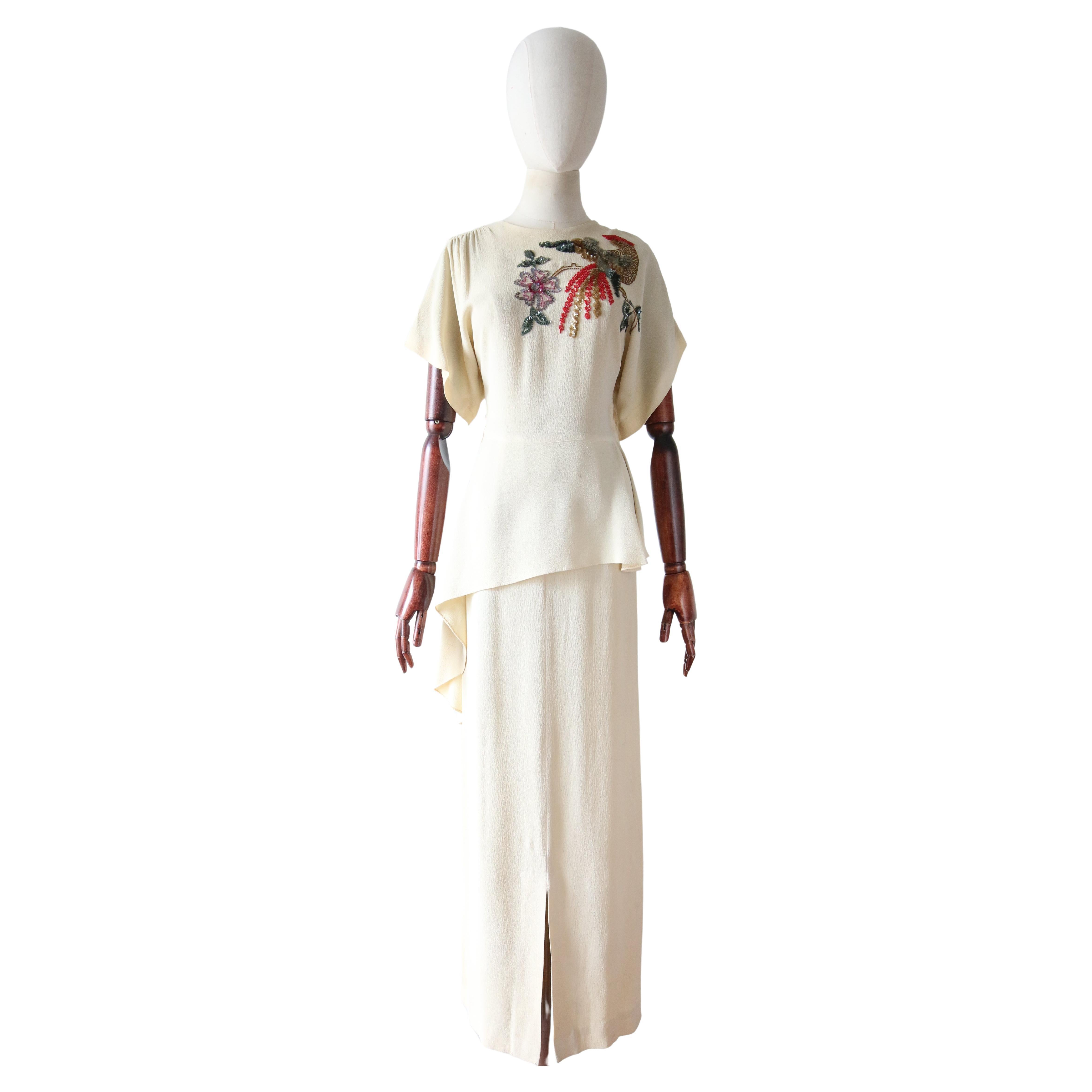 Vintage 1940's Cream Sill Beaded Dress Bird of Paradise Sequin Dress UK 6 US 2