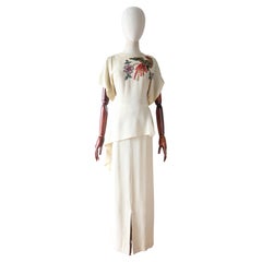 Vintage 1940er Cremefarbenes perlenbesetztes Vintage-Kleid Vogel des Paradieses Paillettenkleid UK 6 US 2
