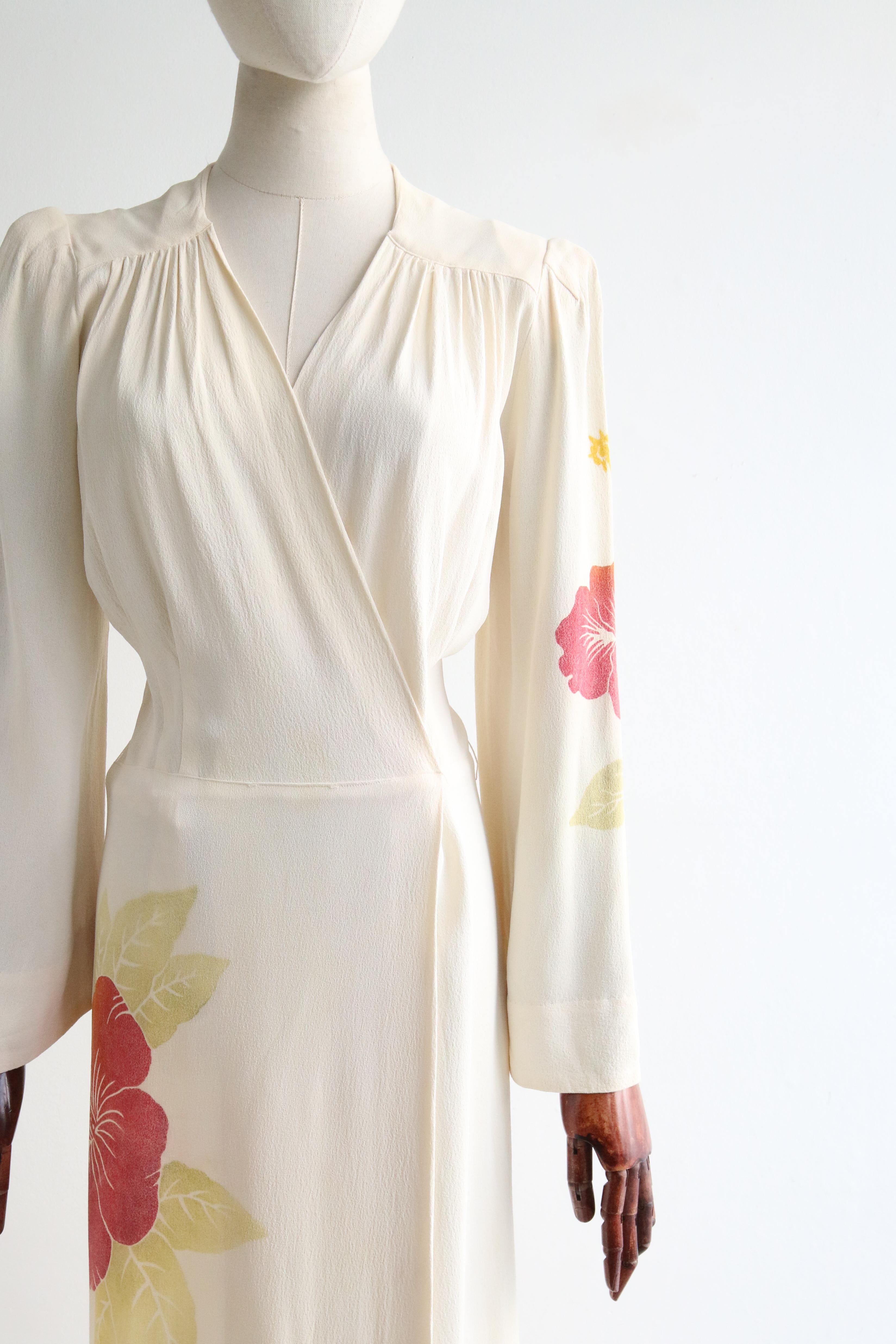 Beige Vintage 1940's Crepe Silk Hibiscus Dress UK 10 US 6