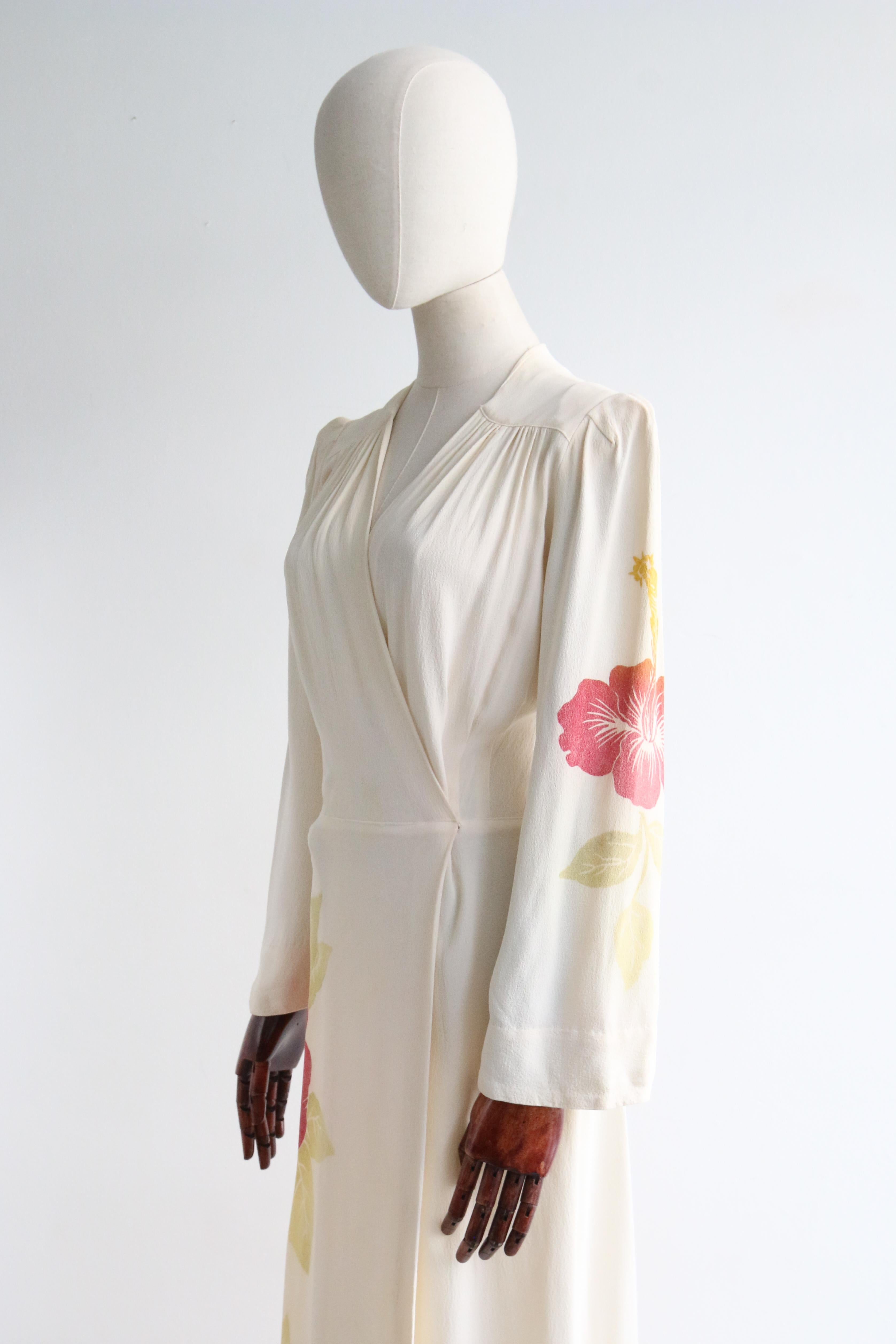 Vintage 1940's Crepe Silk Hibiscus Dress UK 10 US 6 2