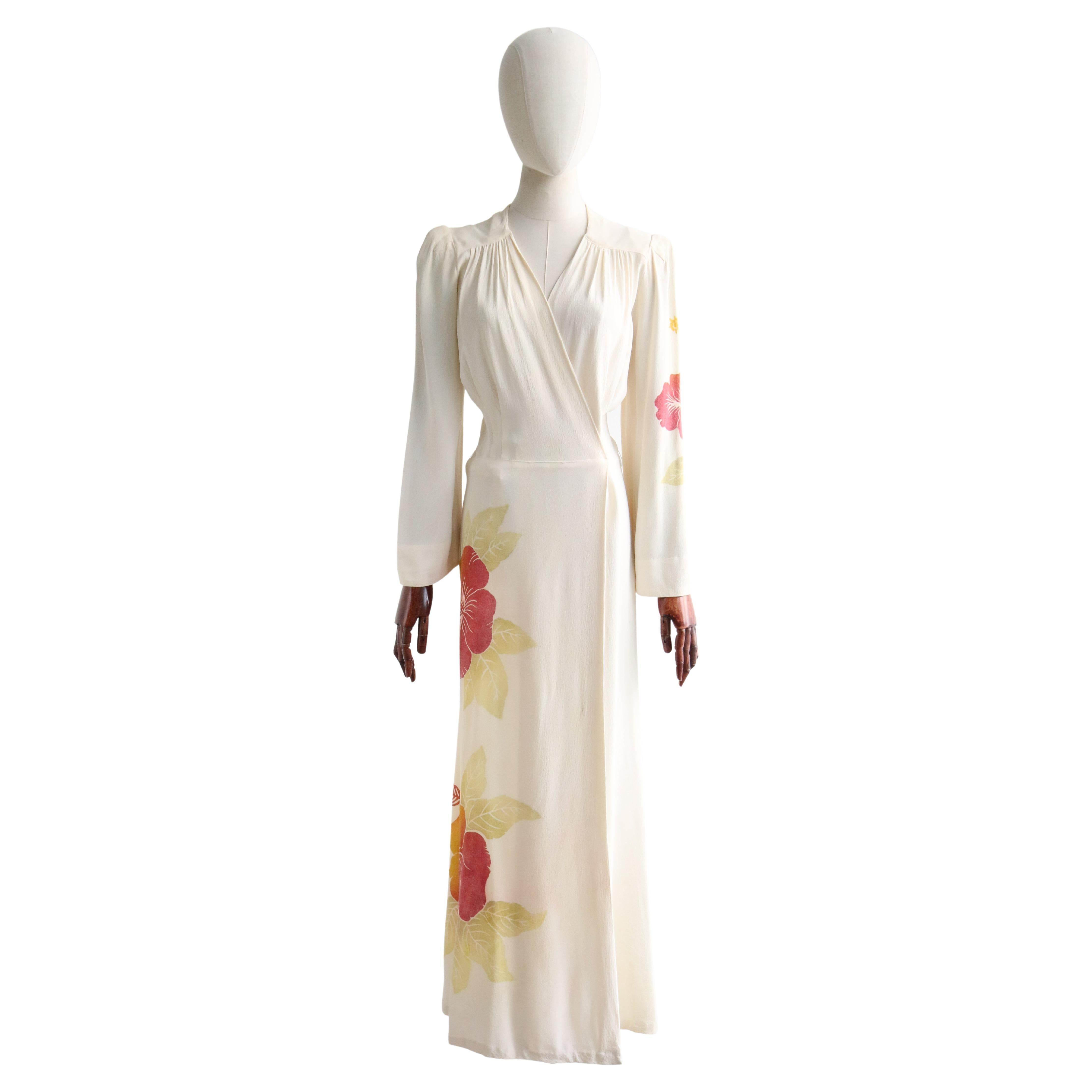 Vintage 1940's Crepe Silk Hibiscus Dress UK 10 US 6