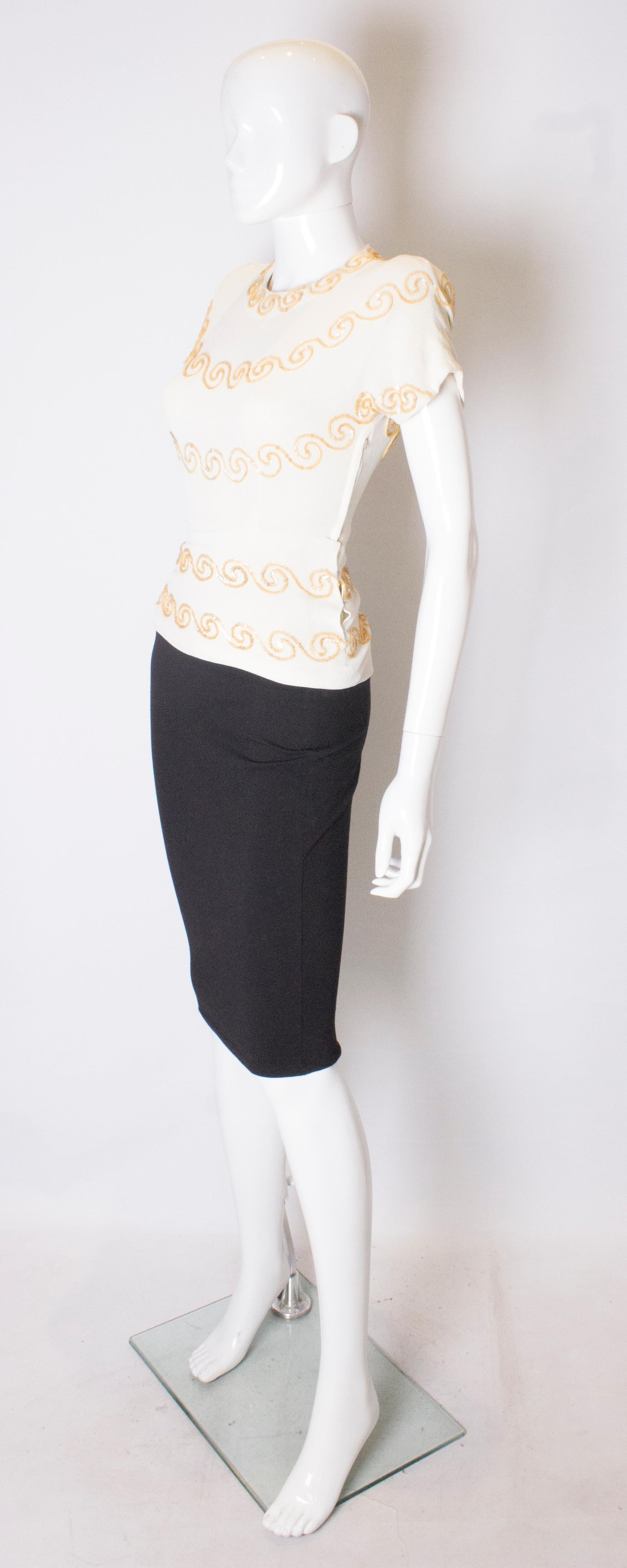 White Vintage 1940s Crepe Top with Sequin Detail
