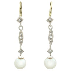 Vintage 1940s Cultured Pearl and Diamond Yellow Gold Drop Earrings