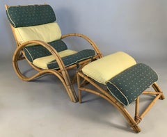 Vintage 1940's Curved Rattan Louge Chair and Footrest