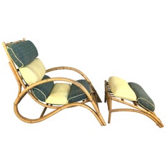 Vintage 1940's Curved Rattan Louge Chair and Footrest