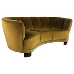Vintage 1940s Danish Banana Sofa with Original Light Green Velvet Upholstery