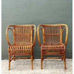 Vintage 1940s Danish Tove Kindt Larsen Stick Rattan Lounge Chairs - A Pair