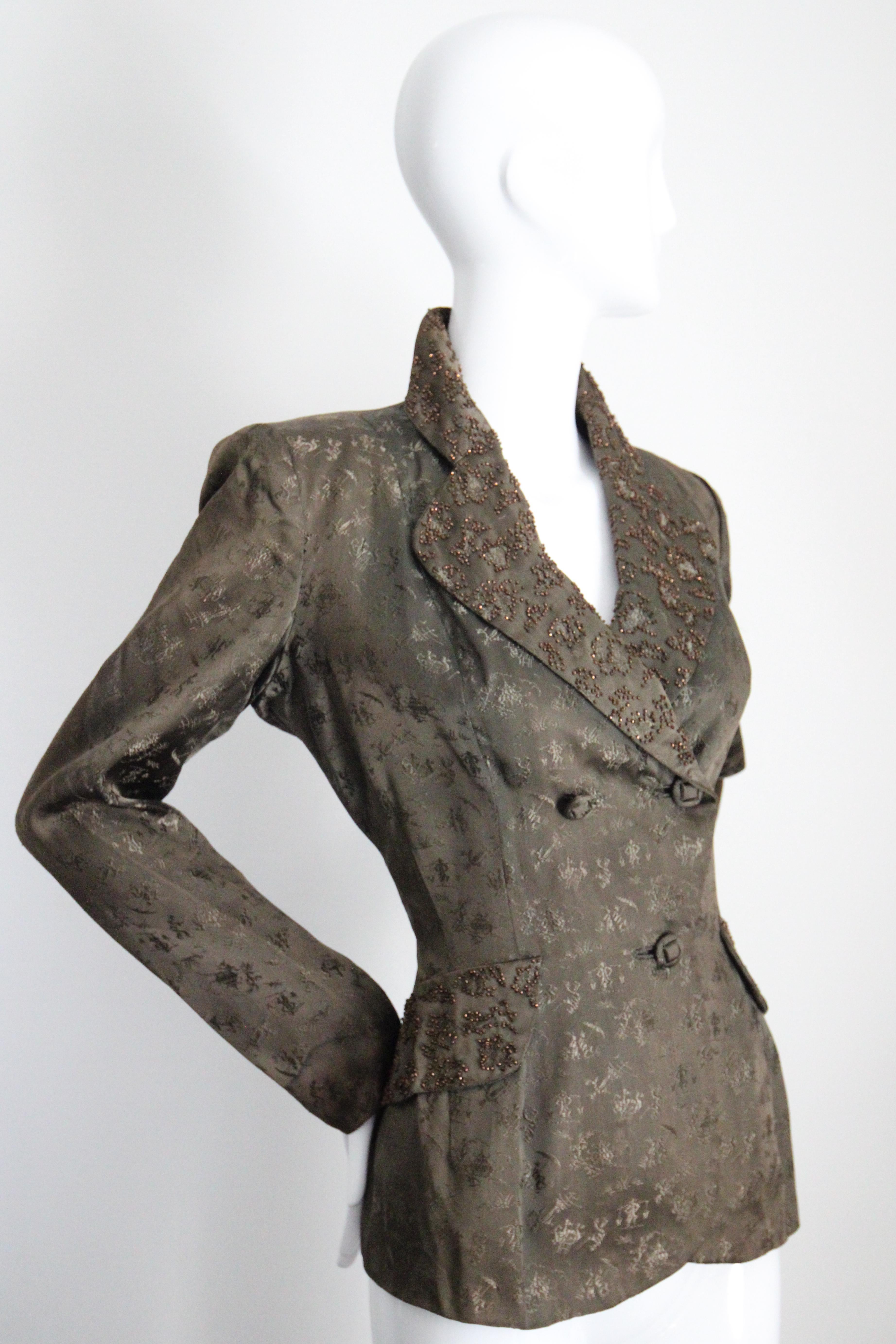 da uomo o donna Giacca blazer in broccato di seta verde scuro vintage degli anni '40 UK 8-10 US 4-6 in vendita