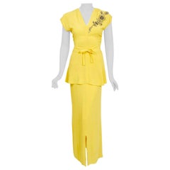 Vintage 1940's De Pinna of New York Lemon Yellow Rayon-Crepe Beaded Peplum Gown