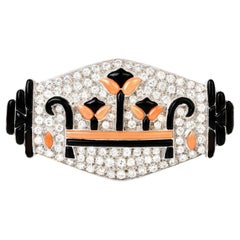 Vintage 1940s Deco Diamond Coral Onyx Platinum Brooch Pin