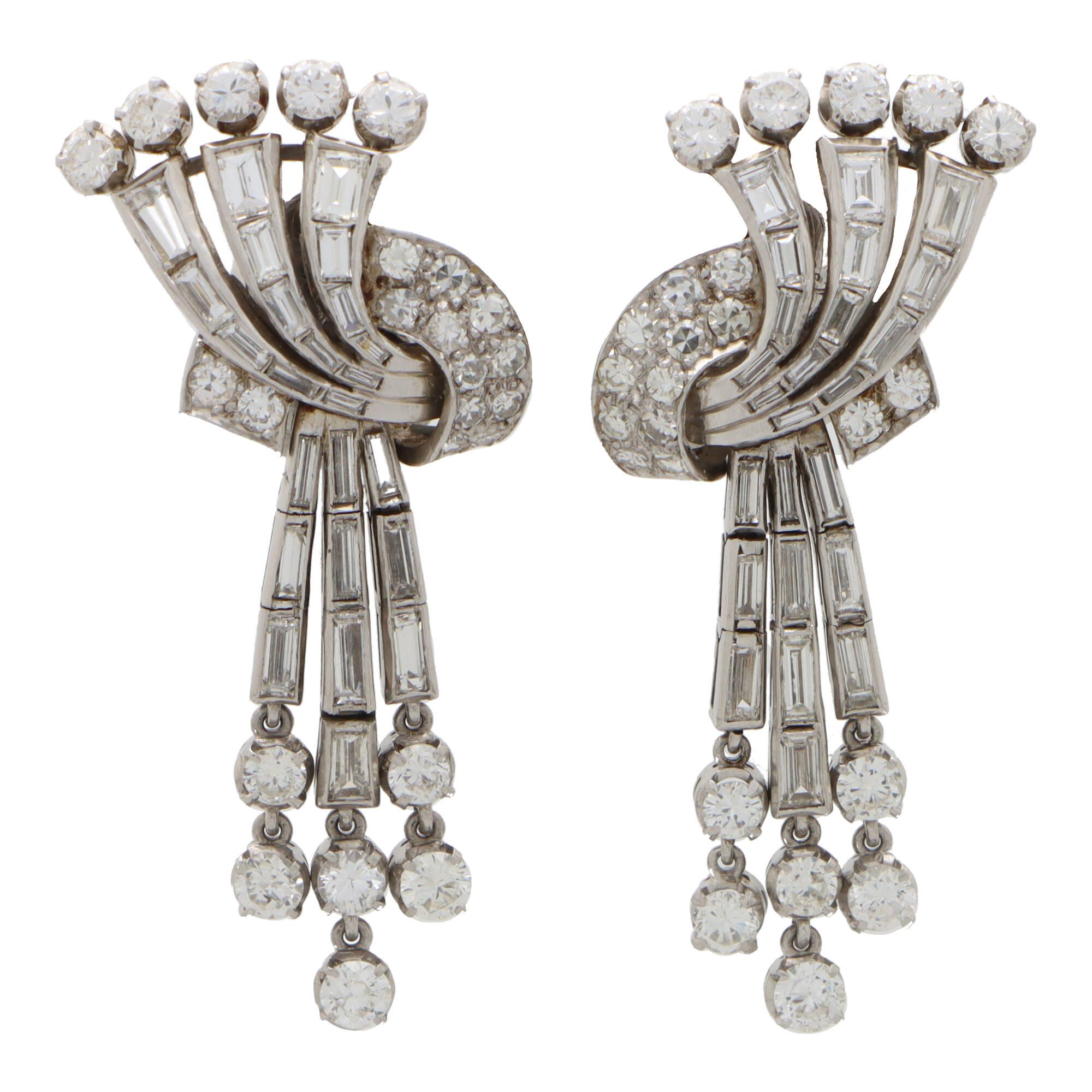 Baguette Cut Vintage 1940's Deco Inspired Diamond Drop Earrings